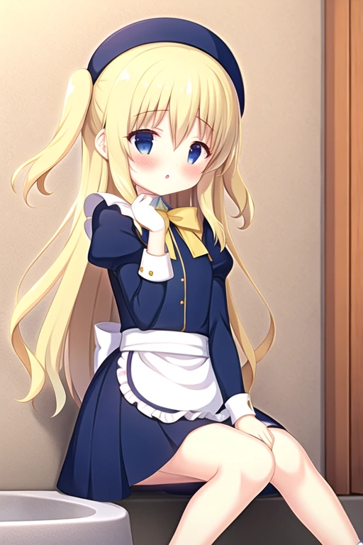 Beautiful long blonde hair Embarrassing blue eyes Tears overflow from my eyes diaper A girl in a long black maid outfit Skirt lifted