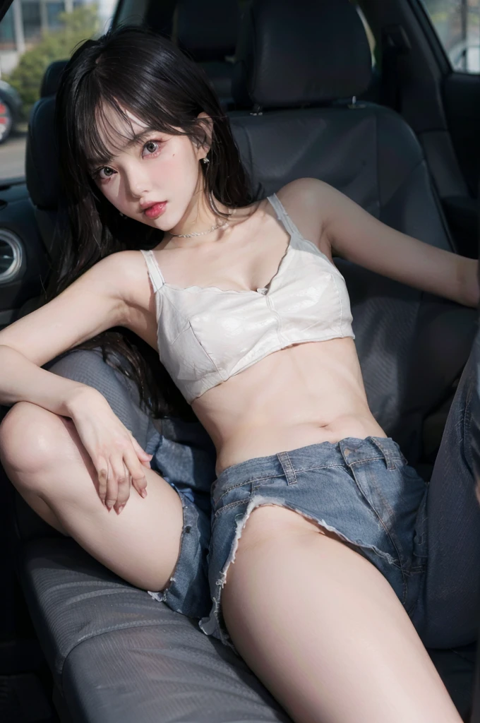Run-down street, slum, best quality, full body portrait, delicate face, 18-year-old girl, slim body, small bust, white transparent bikini, looming, panties to crotch, facing the camera, sitting on the ground, spread legs, abandoned, men's toilet, dirty, full of garbage, greasy, sweaty, dirty and dilapidated
