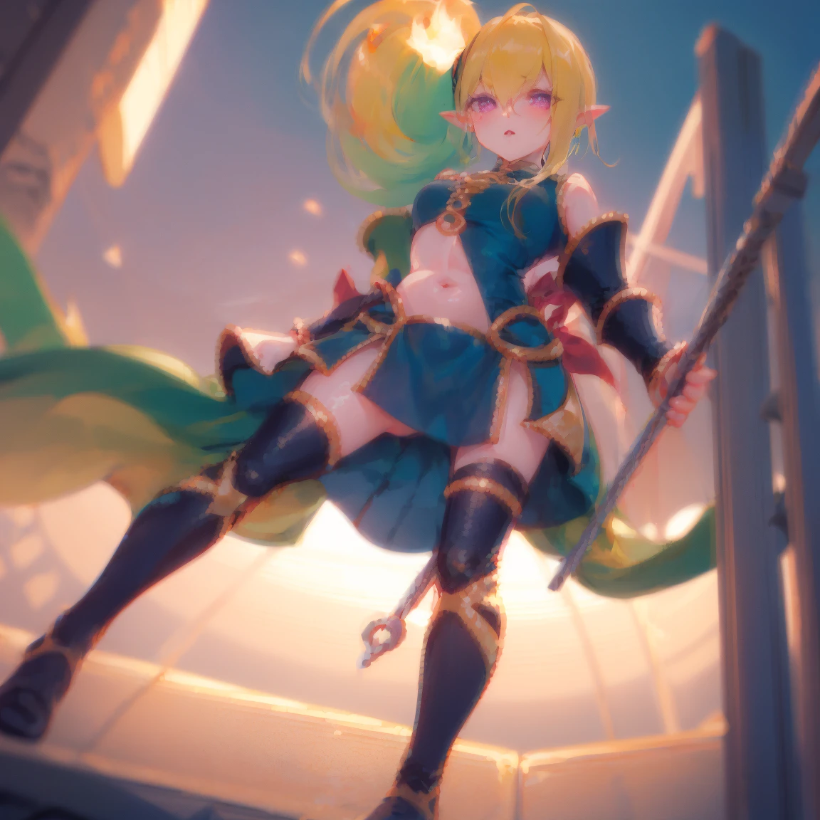 1girl, Angle from the front, The girl bends forward to show off her breasts、(Blade), (Tanned shiny black skin:1.6)、Glowing Eyes, ((grinning with a devilish smile)), (10 years old girl), blondes、Twin tails、forehead、Small breasts, hat, ((((arabian clothes, see-through)), (microphone headband), (Areola Slip), small breasts, (jewelry)))、desert, ((sahara))、(((footjob))), 1boy, (1penis), under hair, ((eject cum)), (sexy pose), ((kicking)), One leg raised、