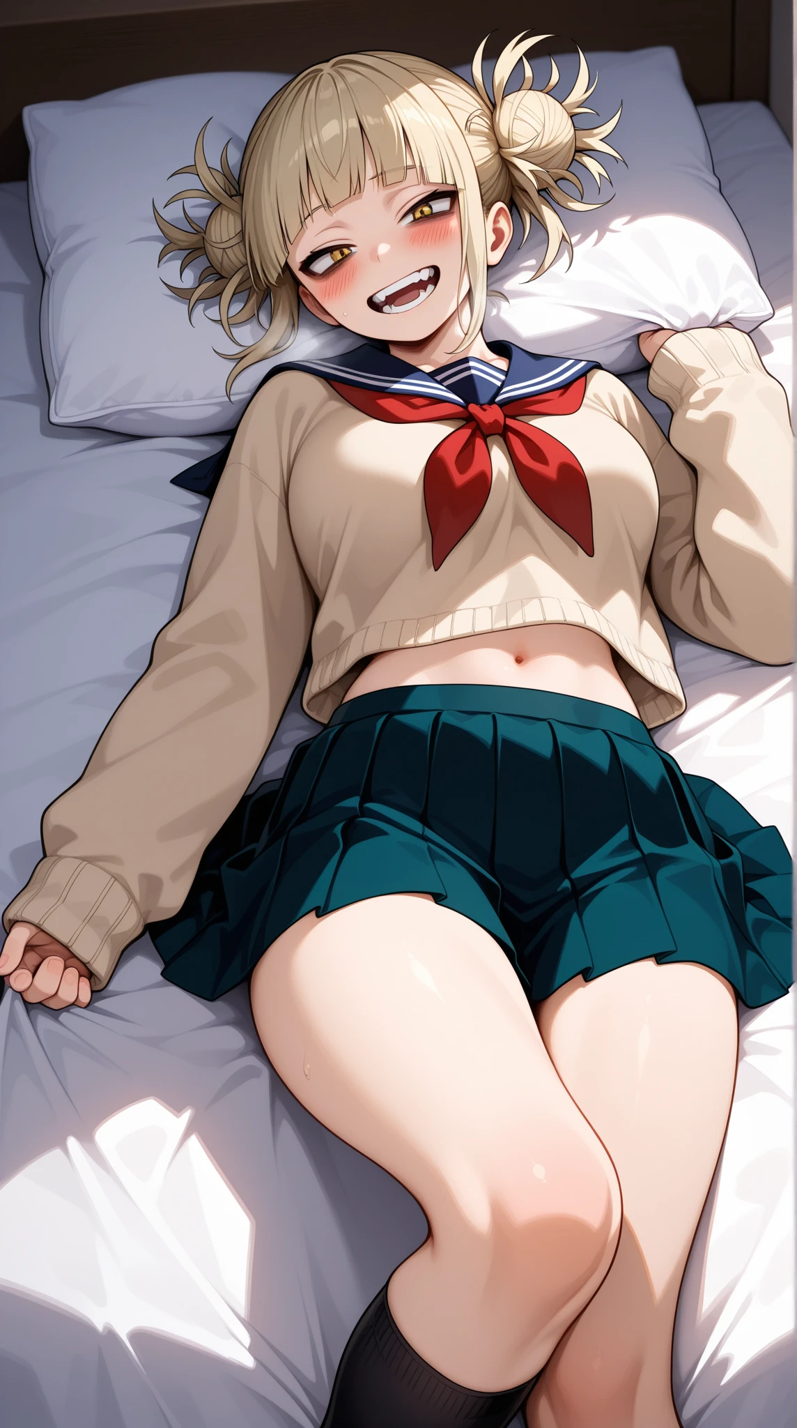 Short milky white hair,yellow eyes,lovely expression,a shy expression, college top,Red fluffy skirt,blackstockings,naked navel and shoulders, Lie down on the soft bed, medium breasts, ((hand on groin)), legs open up, legs propped up in the air,tilt your head,baki,Open your little mouth, ((sweat))
