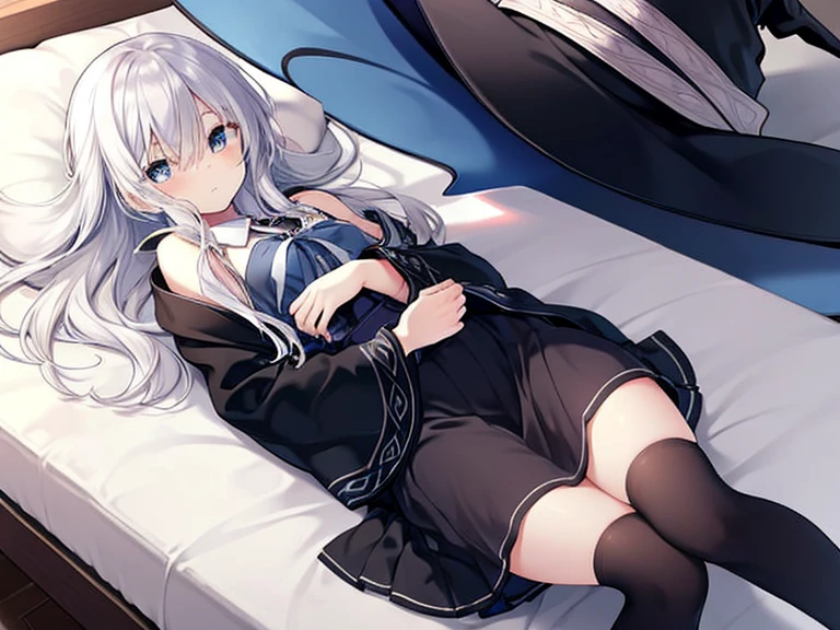 full body,on bed,bishoujo,azur lane,mecha girl,white_hair,blue_eyes,heavy breathing,lying on back,clothes_lift,off-shoulder sweater,blush,flat_chest,((masterpiece, sidelighting, finely detailed beautiful eyes: 1.2)),