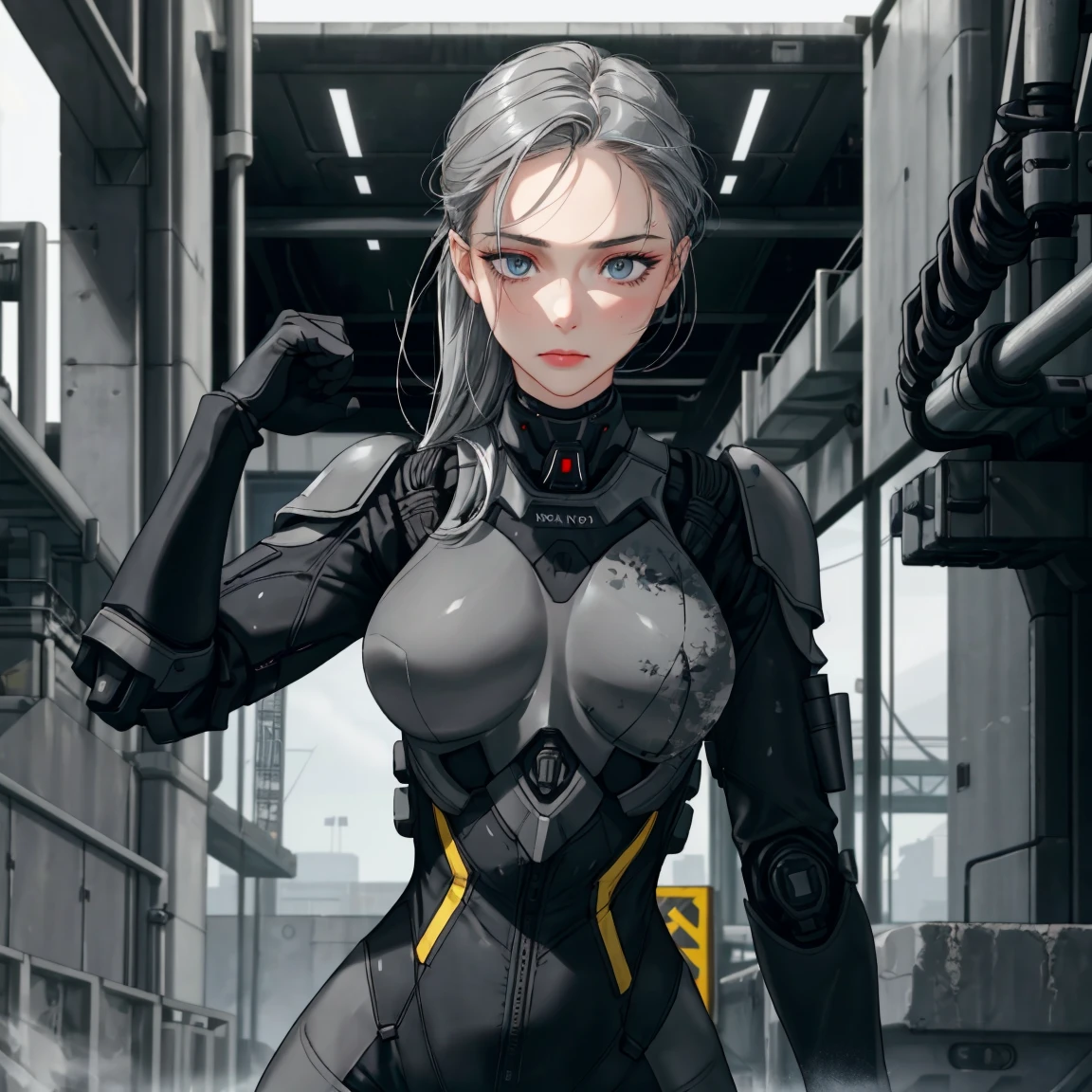 Best, Masterpiece, High Resolution, Best Quality, Ultra HD, Super Detail, Award-Standing, 16k, (Upper Body), Beautiful Girl, Gray Hair, Hair Strands, ((Heterochromia), Hanging Corners, Fair Skin, (Small), (Slim Body), ((Full Cover Military Biochemical Protective Suit)), Stud Earrings, (Neck Rings), (Short Glove as Short as Half the Palm)