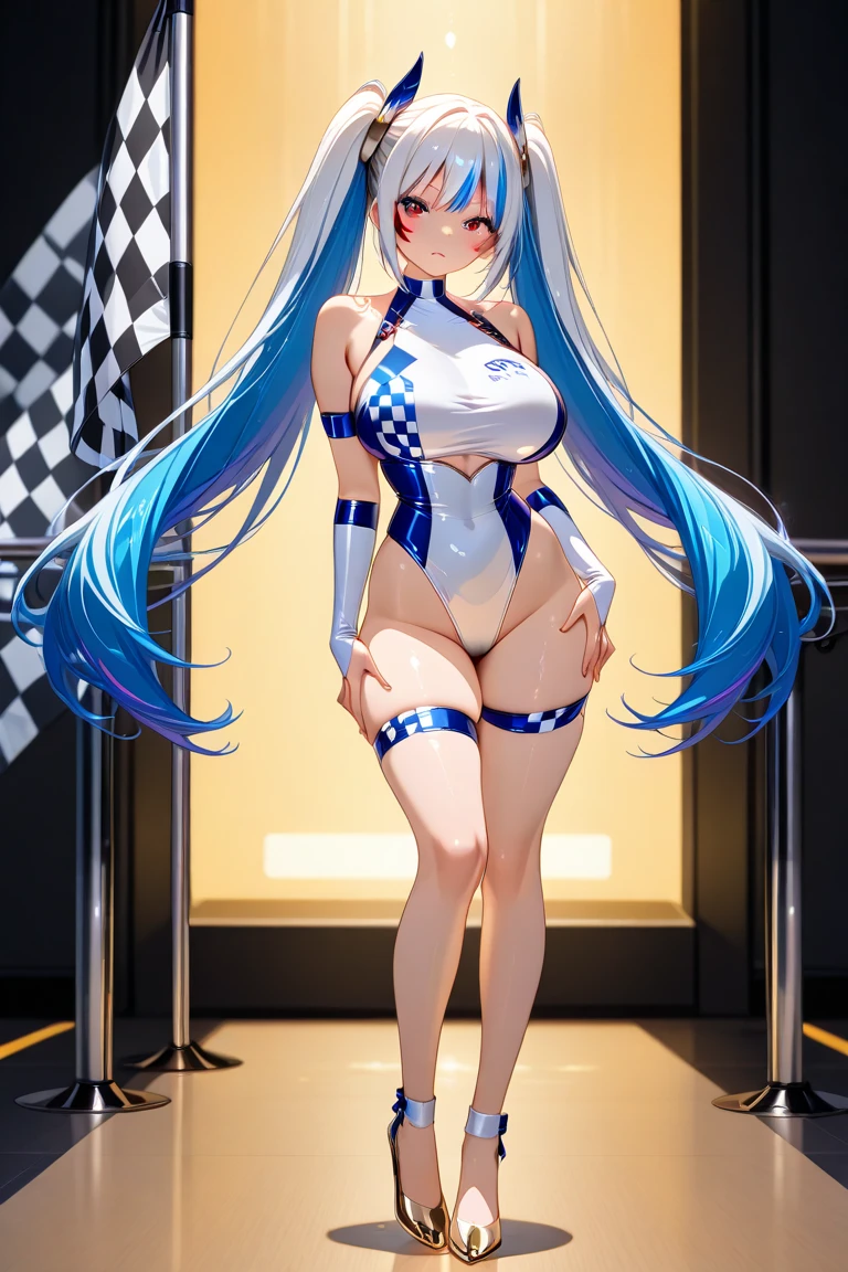 Highest quality、super high quality、16K, Delicious big breasts、Tasty ass、Facial expressions are random、Location is random、 The pose is random、 Hair color is silver hair、The pose is facing backwards、The distance is random、The angle is from the side、Small face、Very delicate facial expressions、Delicate eye depiction、Highly detailed hair、Erotic、18-year-old female、Glowing Skin、Soft Skin、Long and sexy legs、The only sexy Japanese woman、Race queen outfit random、Sexy ass