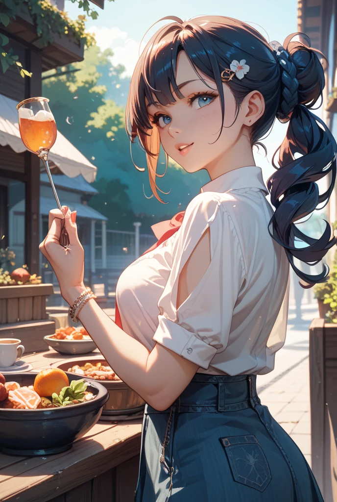 (masterpiece),Girl carrying drinks in restaurant outside,Pretty face,Adorable look,Put on your apron,Wearing short pants,breastsout:1.1,Enchanted foothills,Dynamic Pose,Restaurant outside in the background