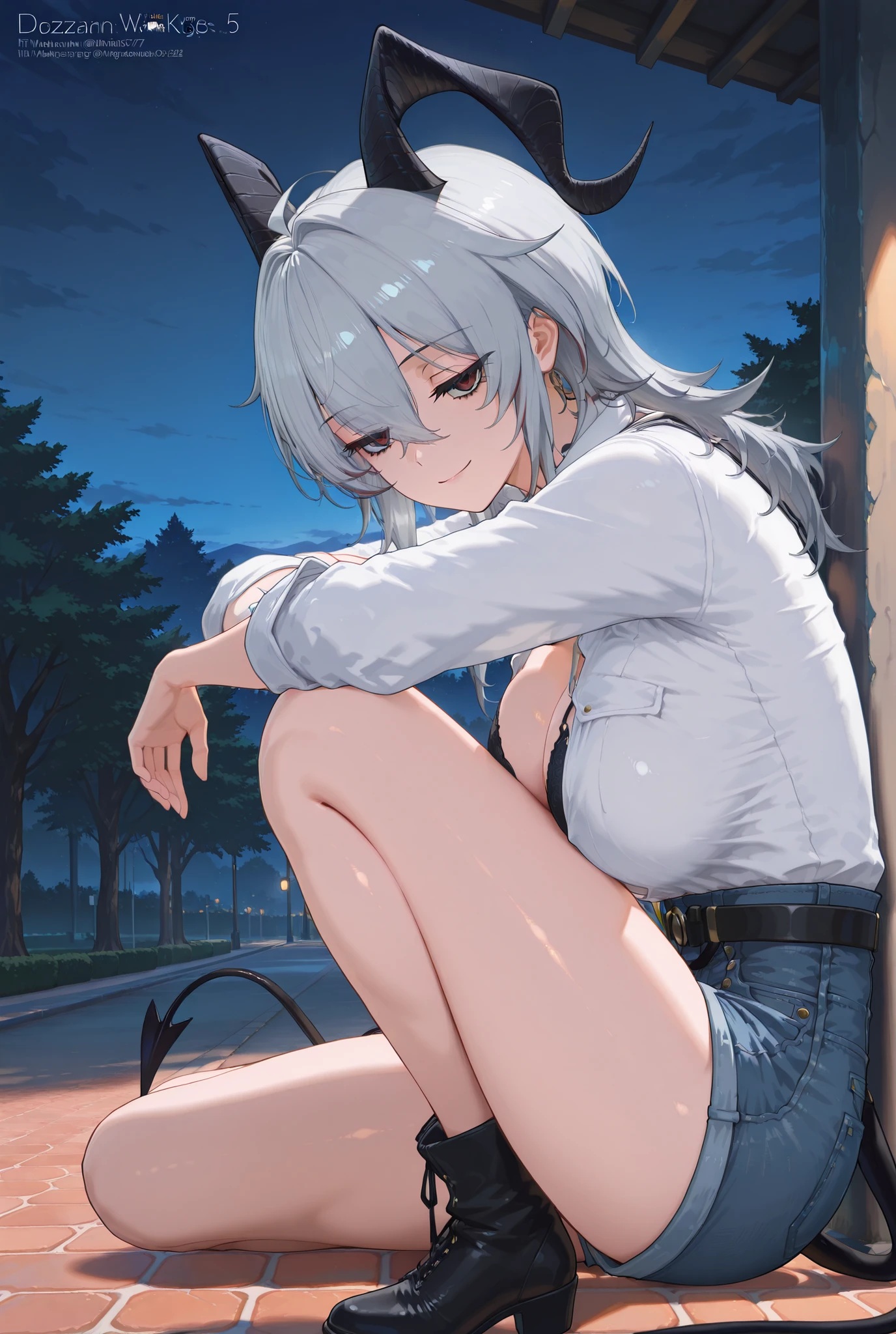 ((Zani)),

score_9, score_8_up , score_7_up , score_6_up , score_5_up ,
(masterpiece, best quality),ultra detailed,
warm lighting, rim light, megami magazine,
(masterpiece), (Highest Quality), (ultra detail), illustrations, disheveled hair, detailed eyes, perfect composition,(((no text))),

1 lady, zani, WutheringWaves,

z4ni, demon tail, long hair, multicolored hair, grey hair, hair between eyes, goat horns, demon horns, red eyes, 

[large breasts], full body,night,(black bra),

loose shirt, ((denim shorts)),from side,
park, at dusk,(((jitome))),smile,

BREAK 

