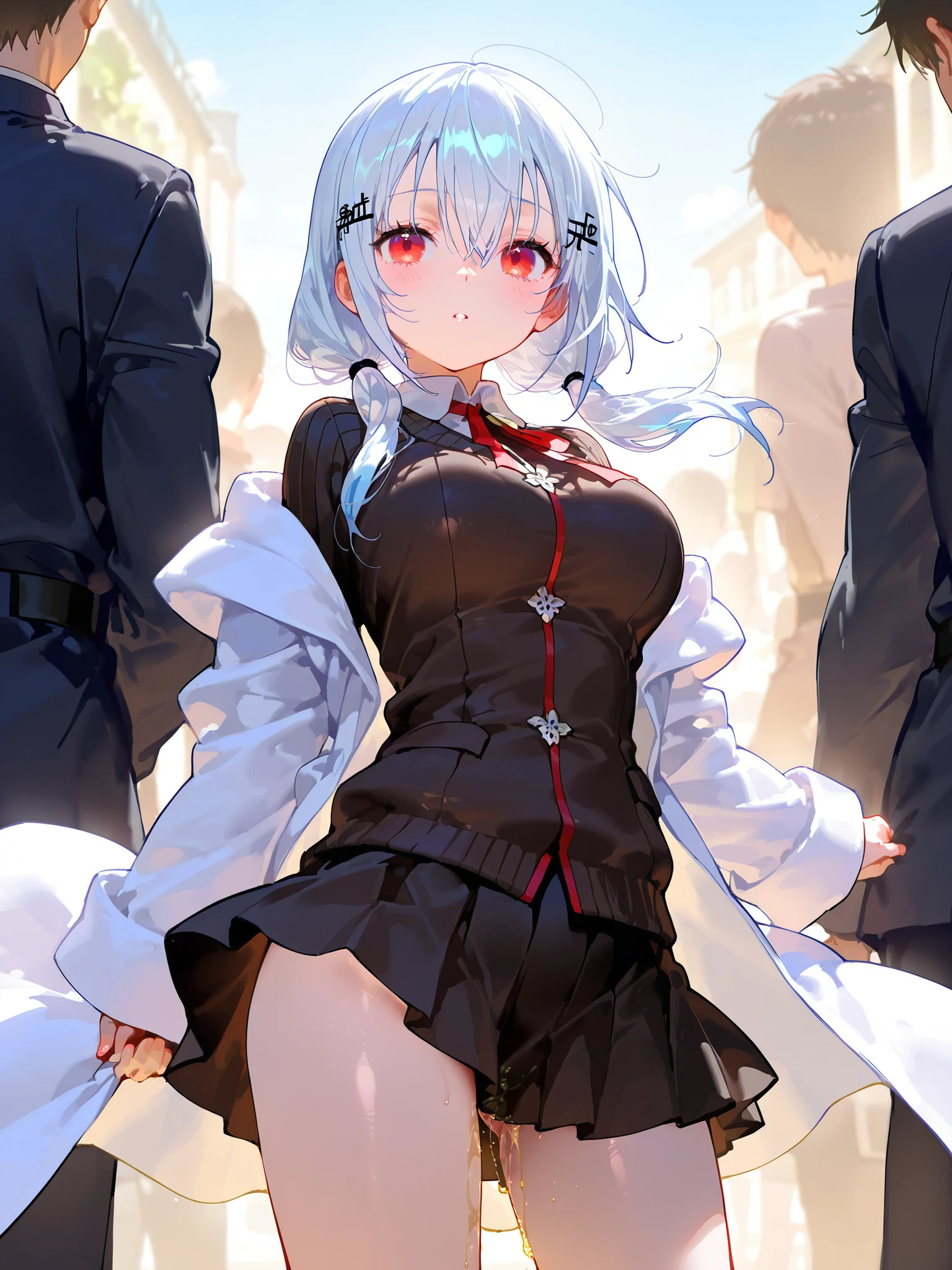 Hakase Fuyuki、1 girl、super detail)、((masterpiece)),(Highest Quality)、(very aesthetic)、white hair、red eyes、masterpiece、white coat、uniform skirt、outdoor、Hide、garden、Kusamura、earthen ground、stand back、sexy legs、standing、in a crowd、hair accessories、Sunny Day、up、Can this be the last、pee holding back my crotch with my right hand