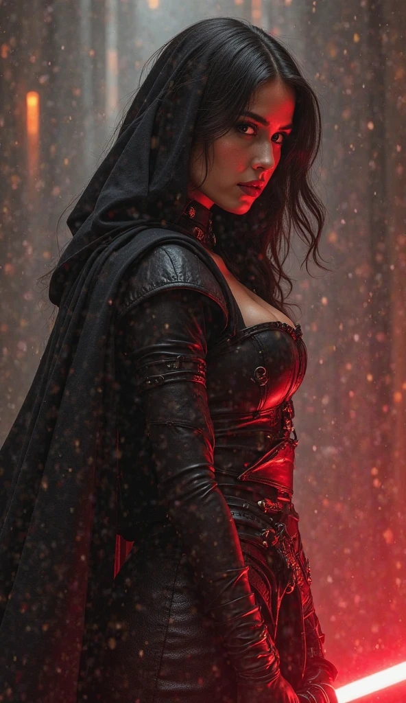 ((A beautiful woman under the mantle of the Amazon warrior Wonder Woman has long hair, black with a silver metal diaema this Diaema wears a red star on her forehead,His eyes are light blue. Her superheroine costume is samurai themed.. Usually (((Her costume includes a black jumpsuit and a black armor top over her jumpsuit.))) kneeling on her throne sitting exhausted after an extensive battle blood around her skulls and rats around her in an apocalyptic and rainy city cars and buildings on fire))),(((From her neck hangs a round pendant with a black medal with an S as the emblem of this Superheroine.