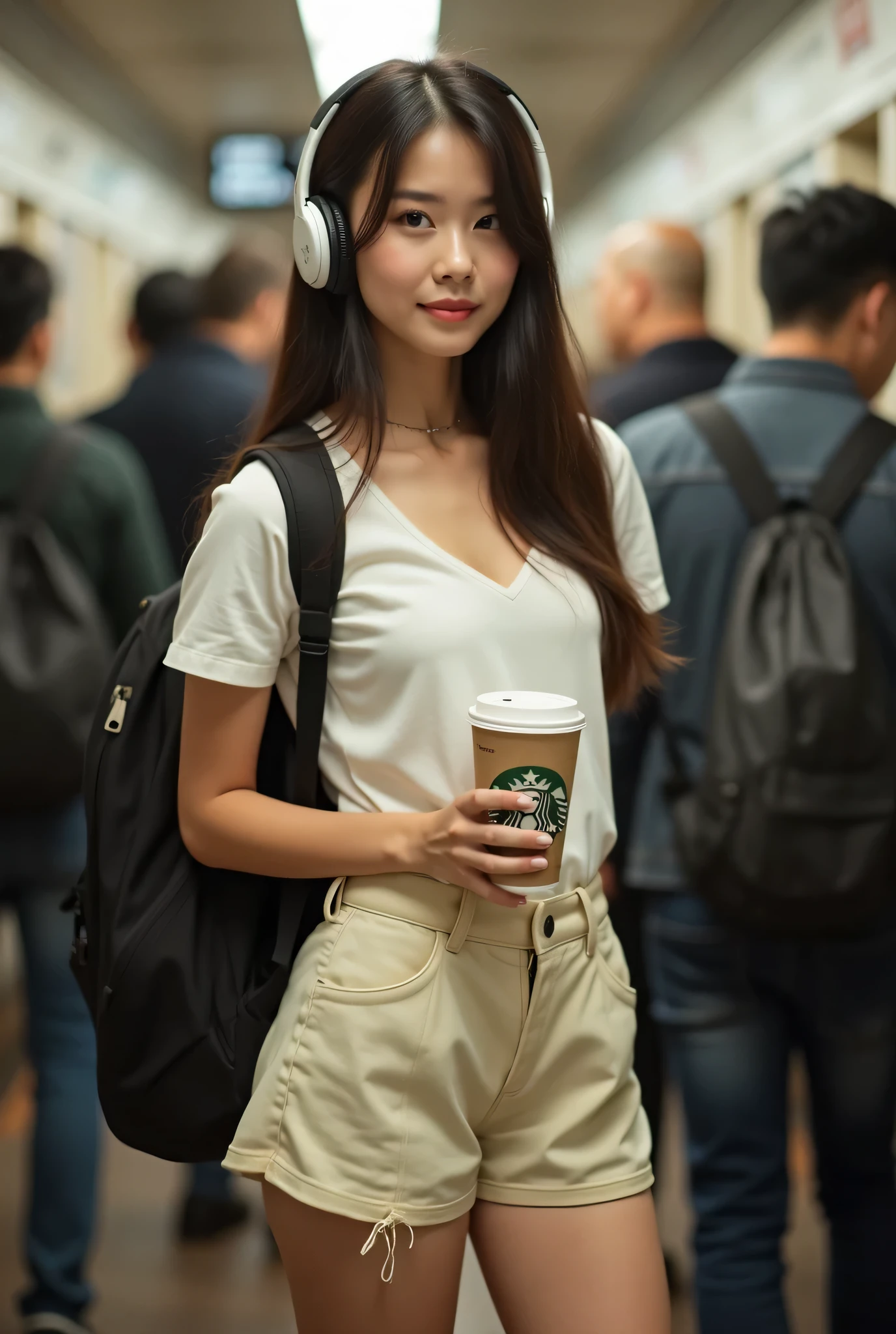 Create an image of an Asian Thai woman. Big eyes, chubby cheeks, fair skin, cute, fresh, like a tomboy. Let the face and personality be the same in every picture. 29 years old, 173 cm tall, 57 kg, measurements 36/25/37, beautiful breasts, long straight hair, light makeup. Came to take a photoshoot standing at a Brooklyn subway station in New York. The lighting in the station on a workday, rush hour. She dresses in an American style, wearing a white T-shirt, no bra, deep, wide, flowing, and high-cut, tight-fitting cream-colored shorts, AIRism leggings, with clear hip cleavage. Carrying a backpack like a tourist. Holding a paper cup of Starbucks hot coffee. She's standing in a sexy pose on a train, wearing Sony wireless headphones WH-1000XM5. The morning atmosphere. There are quite a lot of passengers around. It's a blurry background, walking back and forth. Dense in the train and station. There's spray paint on the walls, New York style, dirty, dark tone. There's a guitar player, a beggar. She's standing with her hands behind her back and smiling and shy. Im. She's in a train carriage, behind the train window. There are some dirty stains. Someone is walking around taking pictures in a blurry way.
