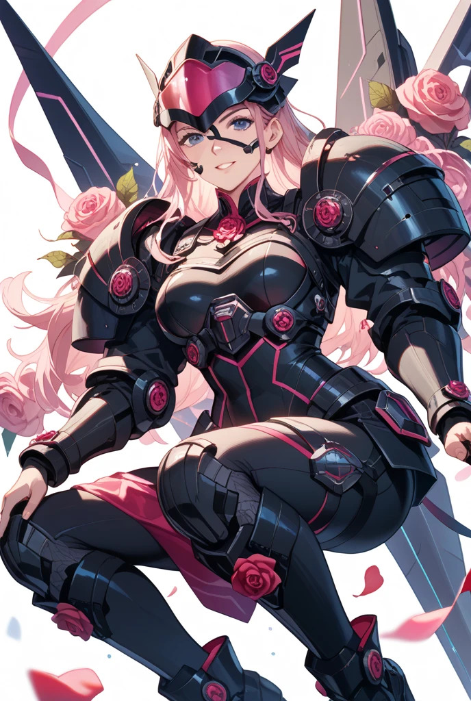 valentinetech, scifi, tasty details,, ultra detailed, masterpiece, best quality, aesthetic, detailed,, serious, 1girl, (white eyes:1.1), (grey eyes:1.3), white hair, very long hair, parted hair, parted bangs, medium breasts,, valkyrie, (bodysuit:1.1), pink wing hair ornament, grey armored skirt, black bodysuit, armor, gauntlets, pink breastplate, greaves, armored dress, pink hues,