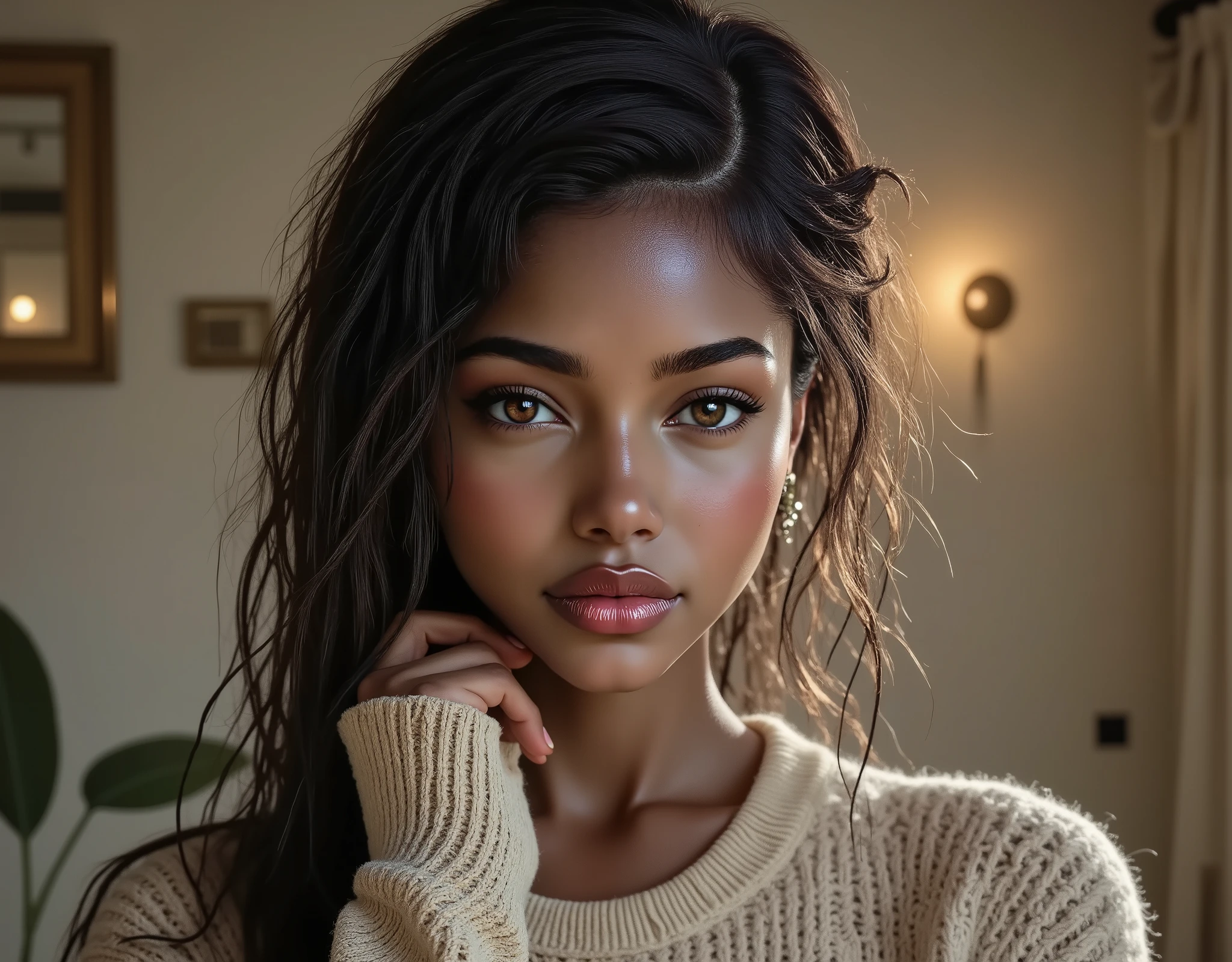 mixed-race woman, 18 years old, with olive skin and detailed brown eyes, knitted sweater, gorgeous eyes, innocent, highlights on her hair,