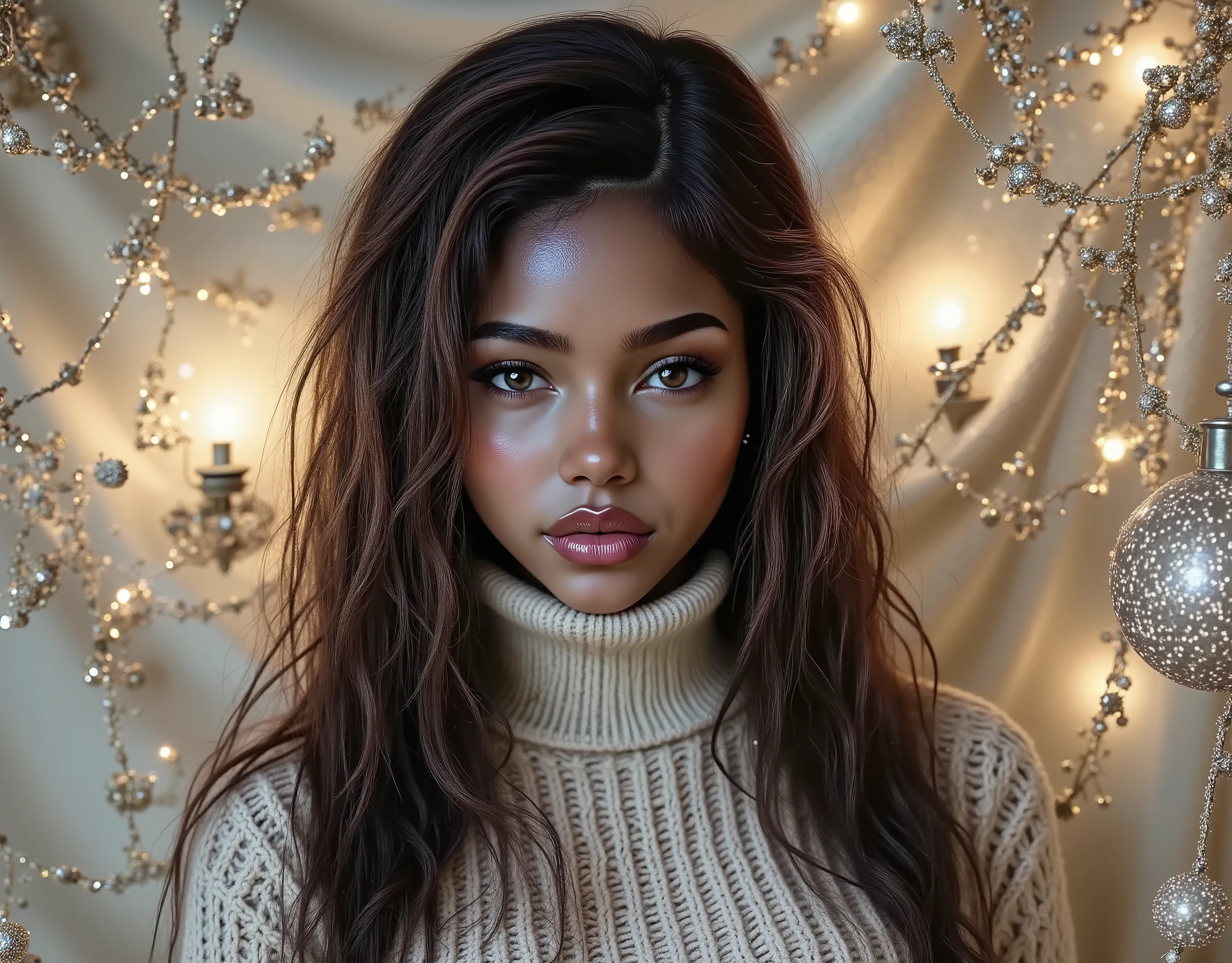 mixed-race woman, 18 years old, with olive skin and detailed brown eyes, knitted sweater, gorgeous eyes, innocent, highlights on her hair,