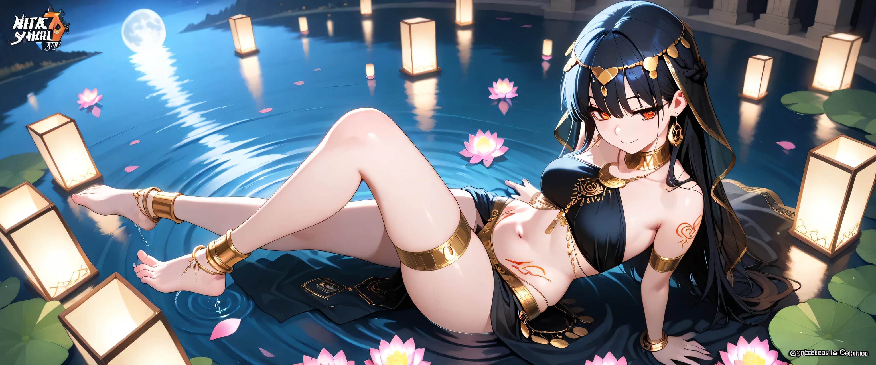 (masterpiece, best quality, ultra detailed, 4k, cinematic lighting, Arabian fantasy, divine atmosphere), a graceful Arabian dancer inspired by One Thousand and One Nights, sit at the center of a magical lotus lake under moonlight, mirror-like water reflects her elegant figure and the glowing full moon, short flowing black hair adorned with gold chains and lotus petals, one small braid tucked behind her right ear, mysterious golden tattoos spiral along her collarbone and waist, soft glowing amber eyes, seductive smile with kohl eyeliner, flushed cheeks, wearing a black sheer flowing harem outfit in pale pink and gold, translucent fabric sways with motion, revealing toned belly and thighs, thin veil dances around her, golden anklets shimmer, her pose mid-twirl, arms curved elegantly, one foot raised slightly above the water, lotus petals swirl around her feet, soft ripples form from her steps, the lake glows with soft ethereal light, lotus flowers bloom all around, distant temple towers peek through the mist, full moon reflected perfectly on the water, tone: mystical, sacred, graceful, seductive yet divine. back view shot Both hands planted behind her, fingers splayed, supporting her weight, shoulders slightly pushed back, emphasizing the curve of her chest and collarbone. One knee bent, leg raised slightly off the ground, the other leg extended, toes pointed gracefully. Angle: high-angle view, looking down on her, emphasizing her face, neckline, and exposed midriff. The perspective creates a sense of depth and intensity. Background: soft, ethereal mist swirling around, faint glow of lanterns in the distance, creating a dreamy, atmospheric ambiance. Lighting: dramatic backlighting, casting soft shadows along her body, highlighting her jawline and collarbone, with subtle rim light around her hair for a luminous effect. Tone: sensual, elegant, slightly melancholic.