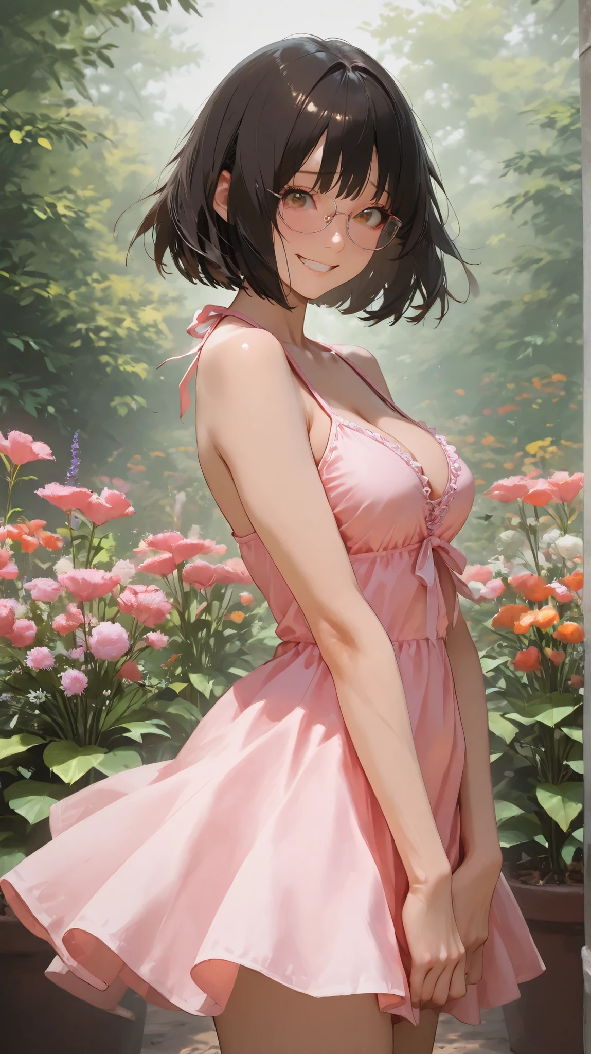 A cute woman (colorful sheer airy dress with intricate embroidery, nude underneath) strolling through a lavish flower garden at night
