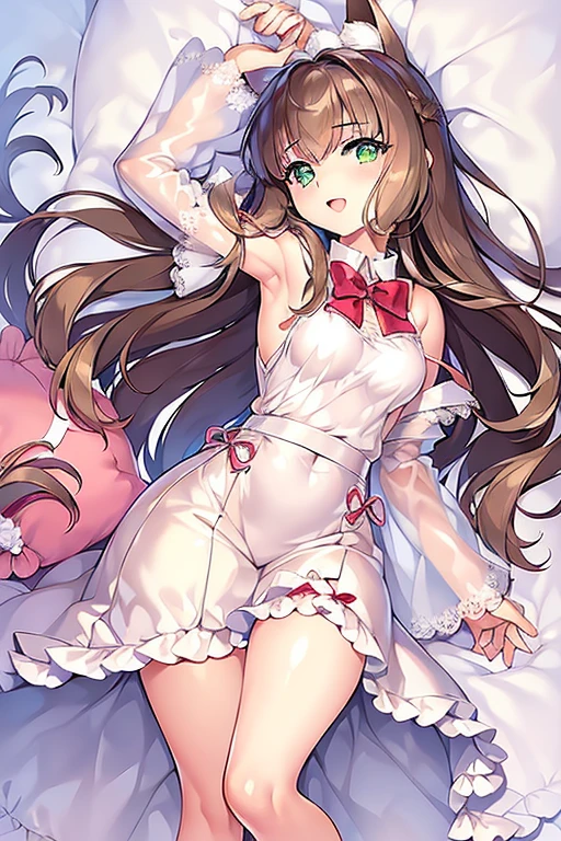 (2 young girls with long hair, Beautiful face and eyes and eyeliner,A delicate little face, pink eyes, Charming smile, (Maid cafe outfit with frilly, Sheer pleated mini skirt:1.5), Skirt turned inside out,(Transparent maid cafe costume with large open ??????? and hollow:1.2), ???? transparent ?????????,????????? turned inside out,Show belly button, Revealing ???? transparent white panties (very pretty girl), brown hair, Fashion hair accessories quality:1.4), (Extremely detailed),Pendants and earrings、 (Extremely detailed CG unified 8k wallpaper), Very detailed, High-resolution original color photos, Professional photography, Depth of Field, (Lying in bed)