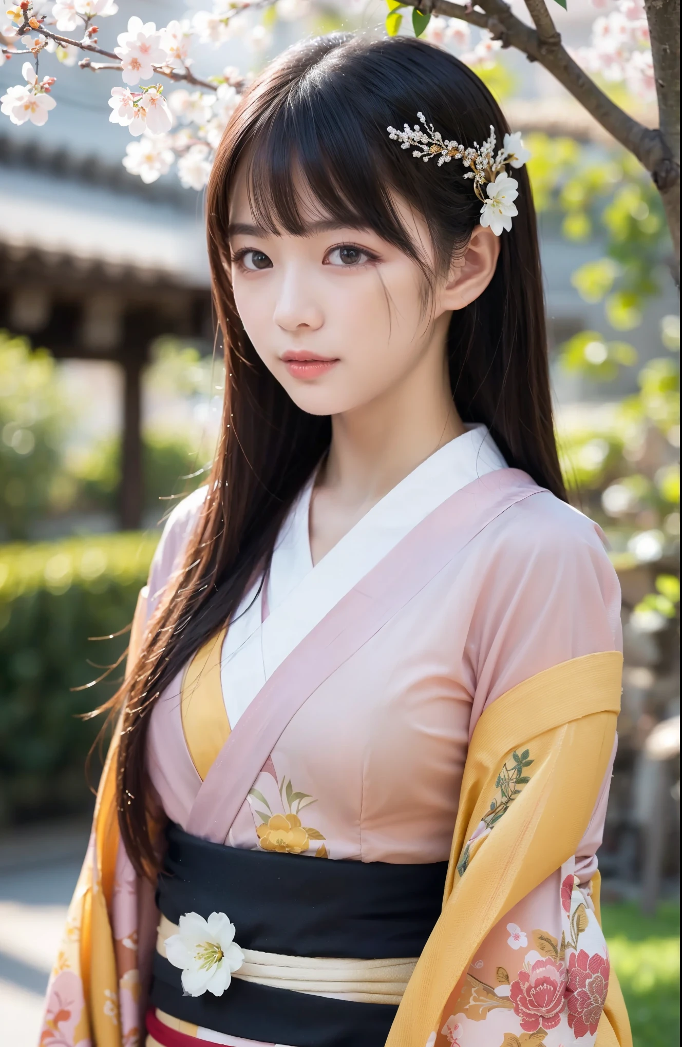 (8k, RAW photo, best quality, masterpiece:1.2), High detail RAW color photo, professional photograph, (realistic, photo realistic:1.37), (best quality:1.2), cinematic light, (finerly detailed face:1.2), (masterpiece:1.5), 1girl, solo, upper body, waist, black hair, black eyes
BREAK
Ancient temples, lush gardens, vibrant colors, tranquil ponds, traditional architecture, cherry blossoms
BREAK
bokeh photography, (soft focus):1.2, out-of-focus highlights, dreamy ambiance, glowing circles, mesmerizing depth
BREAK
(Japanese Kimono, hair ornaments:1.2) Hi 