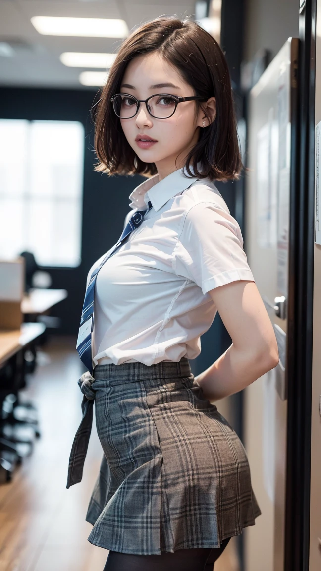 NSFW, (masterpiece, best quality, photo realistic:1.4), (shiny skin), (UHD, 8K wallpaper, High resolution), Perfect anatomy, Cinematic lighting, physically-based rendering, award-winning, extremely detailed skin, extra detailed face, eyes with beautiful details, Carl Zeiss 85 mm F/1.4, BREAK, (((1man and 1girl, having sex:1.5)), on the floor, BREAK, very cute 16-year-old schoolgirl, (pink wavy semi-long hair and bangs, glasses), small titts, (wet white school blouse unbuttoned, navy pleated skirt lift, black knee high socks, loafers:1.3), view from below, (naked:1.5), (flat chest:1.5), ,((1man and 1woman,having sex)), (short hair)