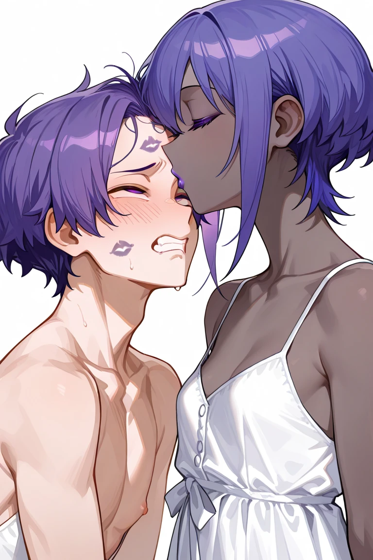 (((Small penis)))、Ultra-detailed illustrations、Ultra-precise expression、masterpiece、Highest quality、ultra High resolution、High resolution、Hiromitsu Takeda Style、White background、Simple Background、front、Completely naked、Sweat、Blowjob、(Mash Kyrielight、light purple hair,short hair,hair over one eyes)、Leg spread、White Breath、Phimosis、smile、One man、