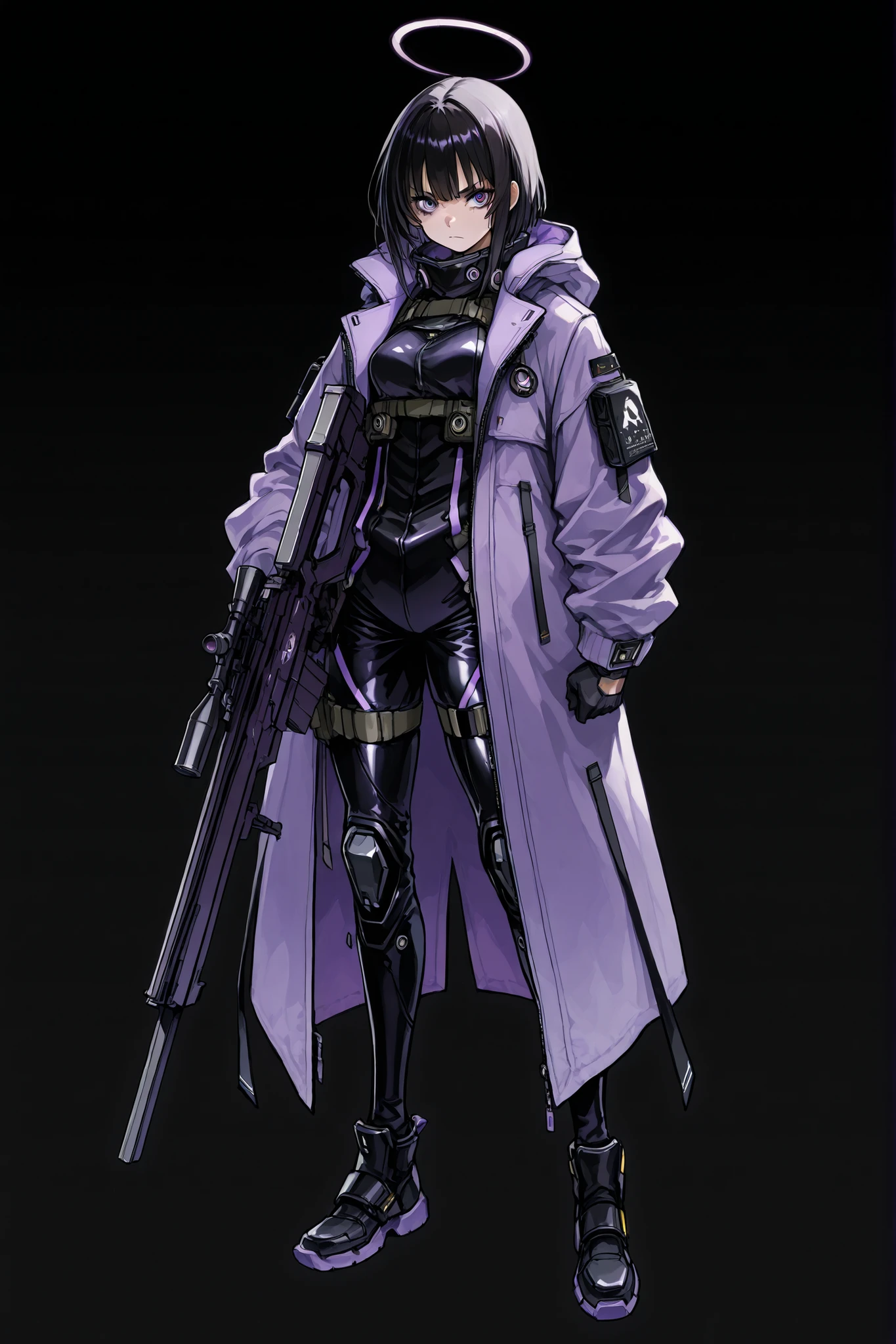 A beautiful tall girl with short black hair and violet eyes, a serious and deadly look, details with both hands wearing a costume with a large coat with a black futuristic techwear theme with some purple details, atiradora de elite, holding a futuristic sniper rifle with neon, on a dark solid background, concept art, full body, 