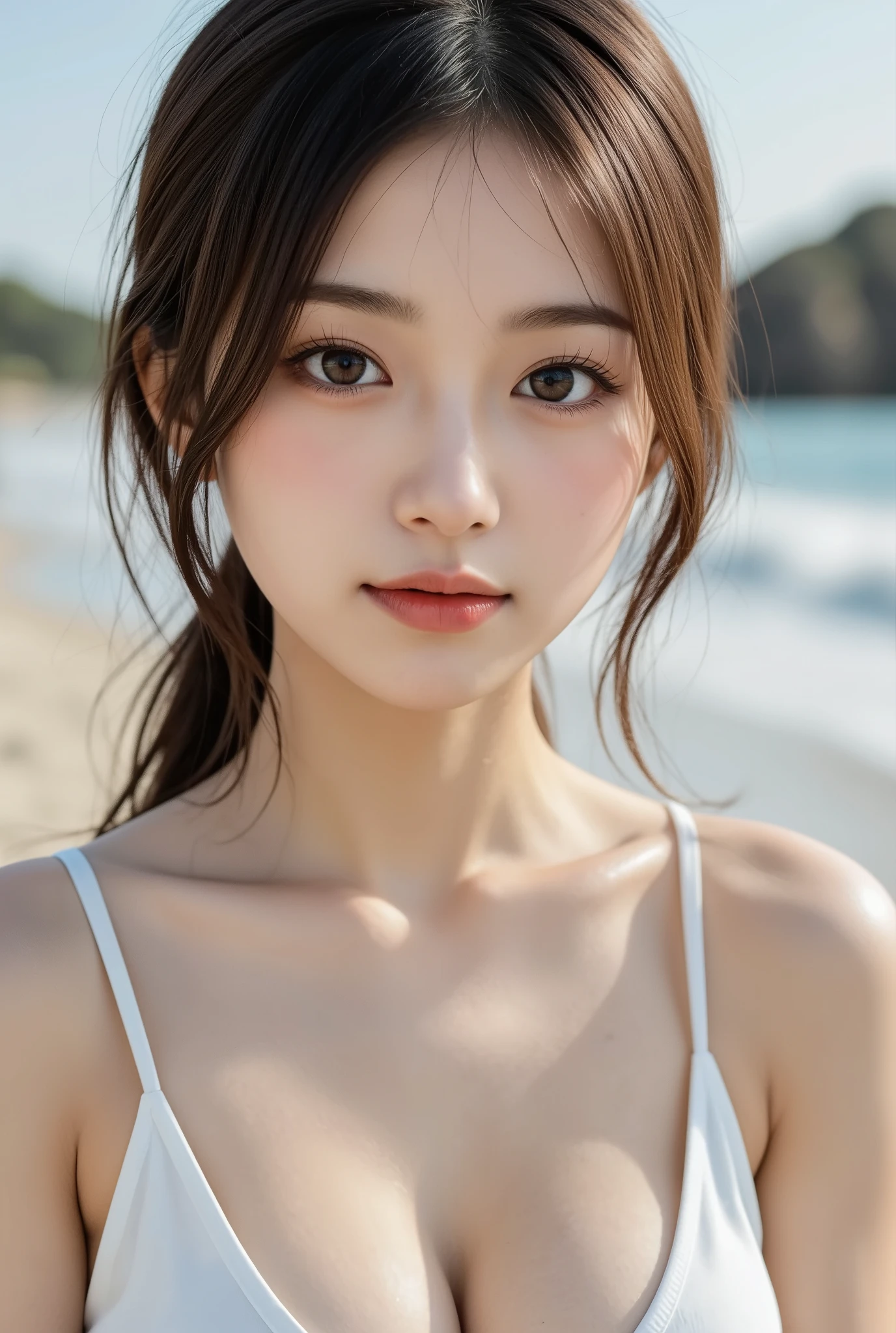 ((highest quality, 8K, masterpiece: 1.3)), Clear focus: 1.2, 1 Girl, Perfect figure: 1.4, Slim Abs: 1.1, ((Dark brown hair)), Olive Bikini, (Outdoor, noon: 1.1), blurry beach background, Super Fine Face, Fine grain, double eyelid