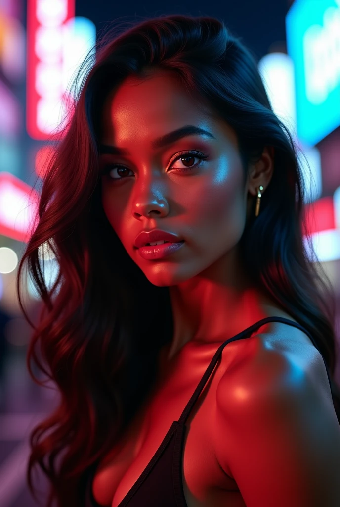 18 year old, surreal latina girl,dark skin, beautiful face, long wavy hair, blue eyes, orgasm, mouth open, cleavage, sweating, beautiful, hands on head, hyper realisitc, very Sexy look, provocation, in laboratory, red dress, night time, magic energy, neon light,orgasm, soaked, sweating, with freckles, crying, screaming