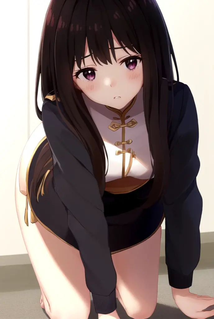 China dress、On all fours、bra、I can see her panties、I can see the valley、China dress、Black Hair、Leaning forward、On all fours、Blushing、、A look of contempt