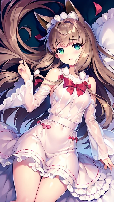 1 girl, Chest, Split, skirt, hand套, wedding_skirt, 蕾丝side半身裙，short skirt，hand里拿着flower, 橙色的hair, 大Chest, elbow_hand套, jewelry, white_skirt, white_hand套, gauze, necklace, inside the room, bride_gauze, bare shoulders,  蓝色的Eye, blush, hair_decorate, Smile, wedding_ring, white_flower, white_hair, clavicle, white_necklace, Strapless, Strapless_skirt, curtain, Bangs, hair_ribbon, hair_flower, one_side_up, hand_up, ribbon, hair_between_Eye, 褶side, window, V shape_Eyebrow,whole body，white lace stockings，masterpiece，upright，