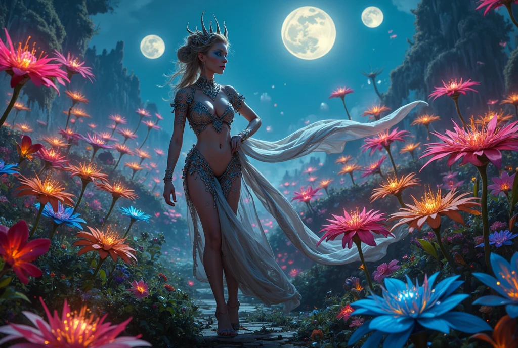 (masterpiece:1.3), (best quality:1.3), (ultra detailed:1.4), (ultra high res:1.4), (realistic:1.5), (photorealistic:1.5), (8k resolution:1.3), (extremely detailed:1.4), (cinematic lighting:1.3), (fantasy alien planet:1.2), (vibrant colors:1.3), (alien flora:1.3), (ethereal atmosphere:1.3), A breathtaking scene featuring a beautiful female alien standing on a stunning, fantasy alien planet. She has otherworldly features with iridescent skin, glowing eyes, and elegant, intricate patterns on her body that shimmer in the alien light. Her attire is a blend of futuristic and ethereal elements, flowing gracefully as she interacts with the exotic landscape. The planet’s surface is adorned with vibrant, bioluminescent flora, and surreal rock formations that defy earthly logic. The sky above is filled with multiple moons, nebulae, and a dazzling array of stars. The lighting is soft yet otherworldly, creating a dreamy, magical atmosphere. The scene is rendered with hyper-realistic detail, capturing the beauty and wonder of this alien world in 8k resolution