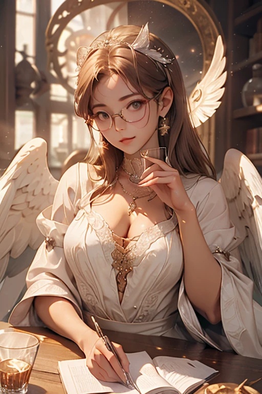 Highest quality、masterpiece、High sensitivity、High resolution、Detailed Description、Slender women、A cup bust、Glasses、Circle of angels overhead、Large wings of an angel、