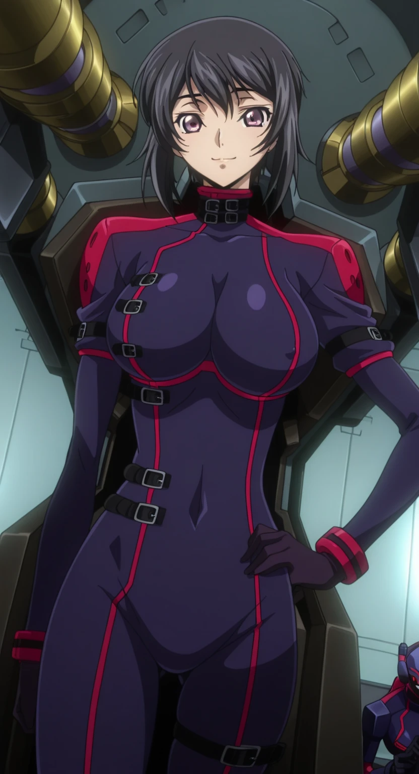 Cornelia_li_Britannia, 1girl, big_breasts, purple_eyes, (lipstick:.9), (makeup:.8), dollsuit, standing_at_attention, saluting, thicc