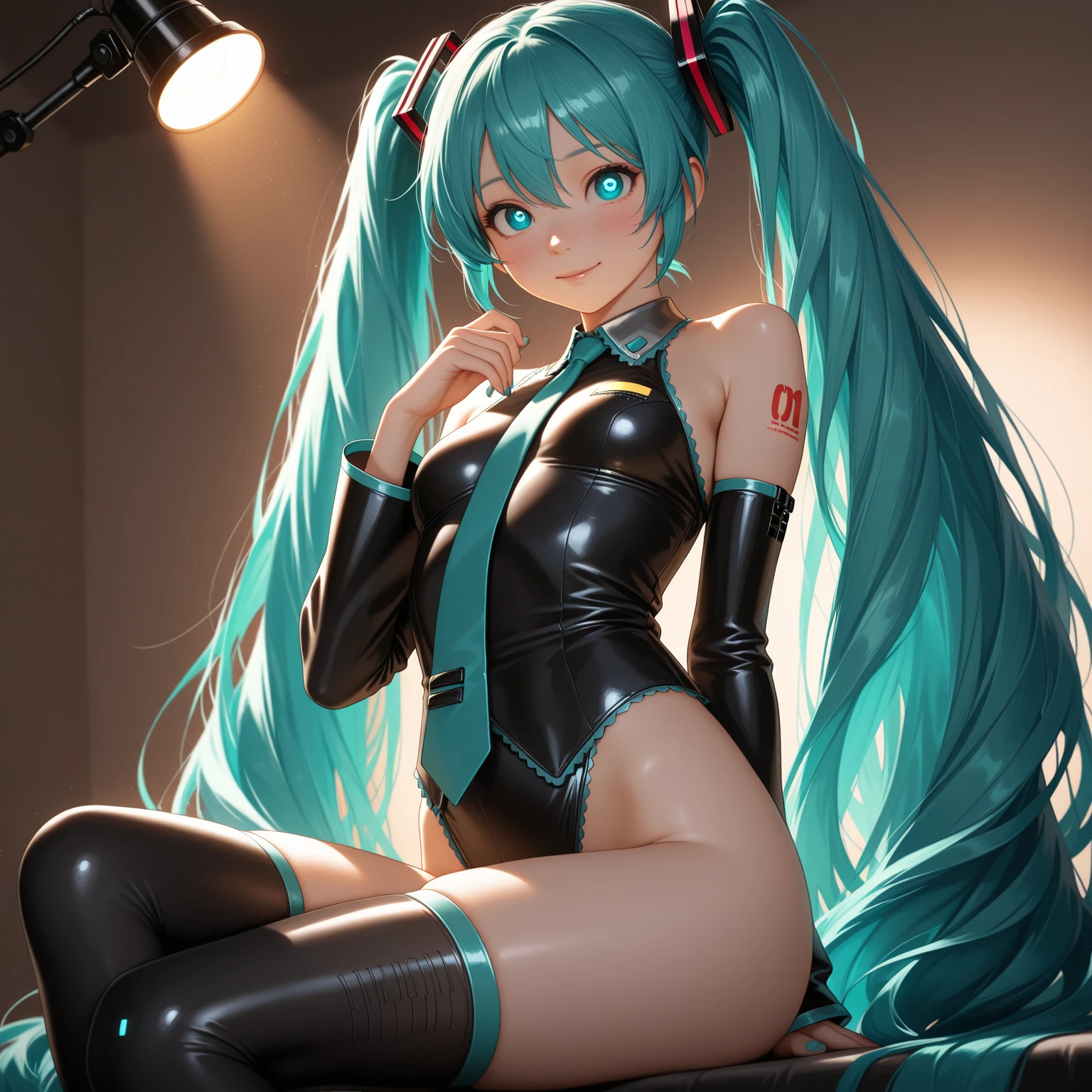 Hatsune Miku, Glasses, cyber town, Diva, Red cheeks, Puffy lips, Sexy Pose, plump bust, Too much exposure, Separate Wear, Full body, disheveled hair, Best situation, Highest Quality, Masturbation in high resolution Fornication ahe face