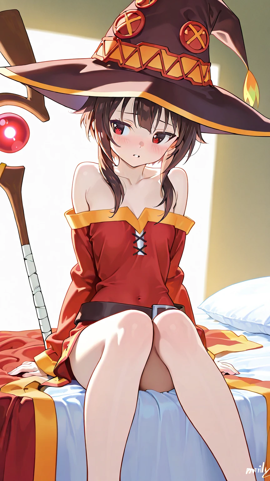 (table top, highest quality、Super high resolution、photorealistic:1.2、Isekai Fantasy),Super realistic illustration,perfect focus,perfect body、solo、 1 woman,Megumin, short hair, dress, 赤いdress, have, witch hat, belt bag,In the steppe,((sleep on your back:1.3)),(spread your legs:1.3) ,(Ultra Micro Panties,Deeply bitten panties,Very thin wet panties),(:1.4),looking at the viewer, cute, small breasts,small breasts, red eyes, black hair,beautiful and fine eyes, fine skin,detailed clothing,detailed panties,detailed female genitalia,embarrassing:0.7, is crying:0.6,Late night bedroom background,(Low position shooting: 1.5),(close-up of crotch:1.38),full of sweat、(ceiling from below:1.2)