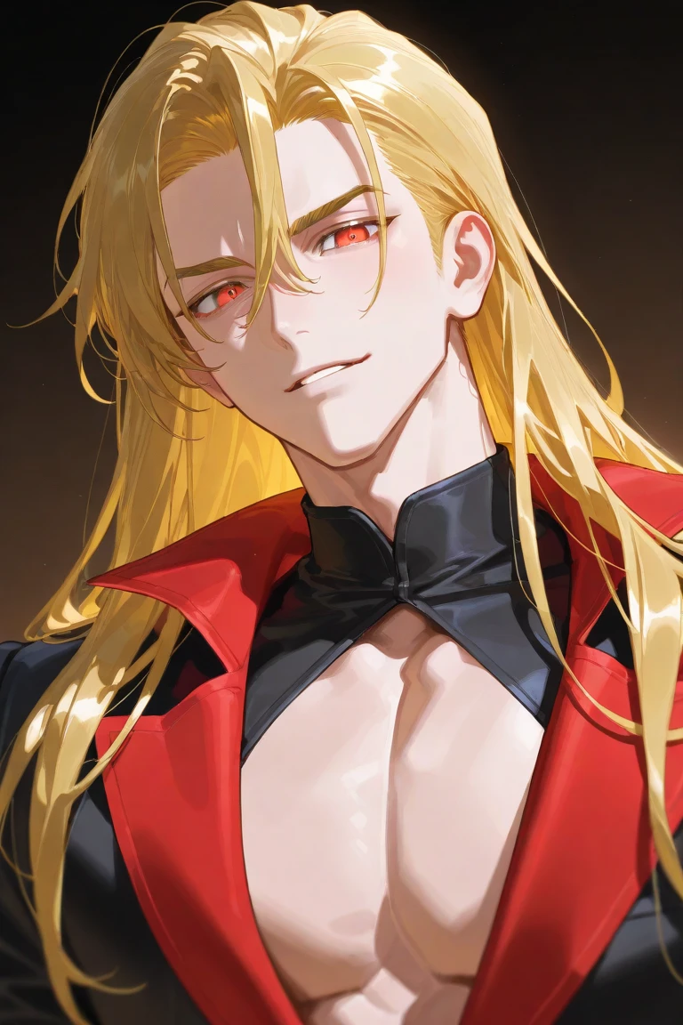Young guy, long blonde hair, red eyes, red open shirt, open chest, smirk, masterpiece, high quality