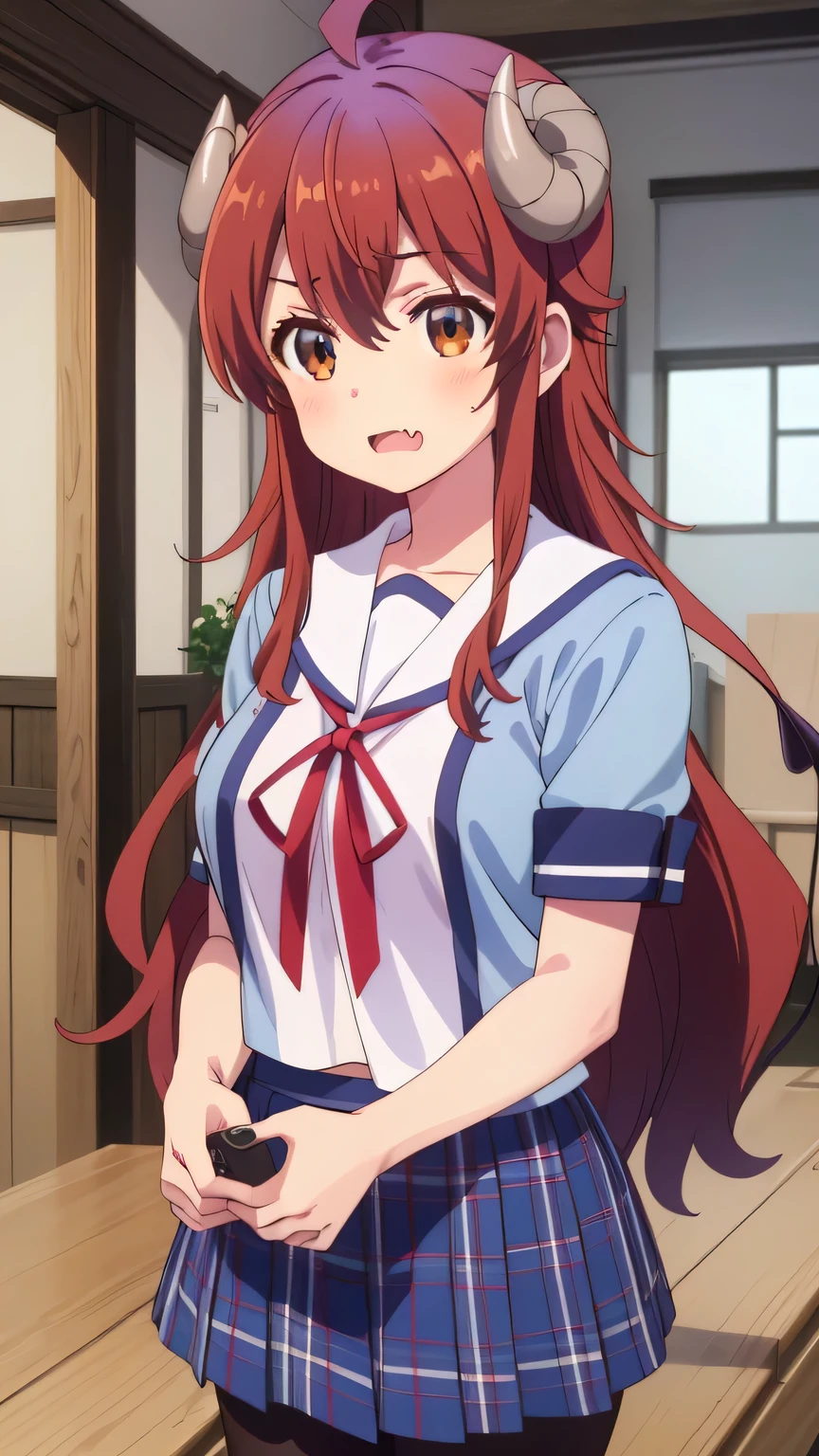 {{{masterpiece}}}, (best quality:1.5), (ultra-detailed:1.5), {illustration}, {{an extremely delicate and beautiful}}, (beautiful detailed eyes:1.6), absurdres, highres, extremely detailed face, 16k, hd, visual anime de uma jovem mulher, extremamente bonito rosto de anime, anime melhor garota, (perfect hands, perfect anatomy), anime face, yoshida yuuko(Machikado Mazoku), shamiko, yuuko yoshida, 1girl, solo, cute face, ager, long hair, hair between eyes, bangs, brown hair, ahoge, horns, (brown eyes:1.3), fang, demon tail, large breasts, big hips, curvaceous, BREAK, {school uniform}, blue shirt, tuck out shirt, short sleeves, blue sleeves, white sailor collar, red ribbon tie, short skirt, plaid skirt, blue skirt, black pantyhose, brown loafers