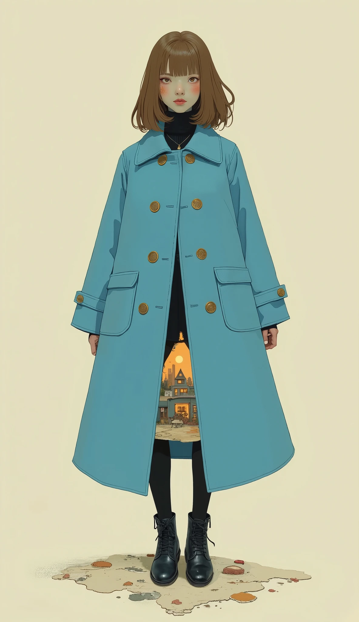 A figure wearing a light blue coat with large buttons stands prominently in the work. } The bright colors of the coat draw subtle contrasts、, neutral background, emphasizes the bold appearance of the garment. figure, and the hair depicts neat brown waves, It draws attention to creative details; gallery, pockets appear when the coat is opened、A whimsical scene of a small house is hidden, it looks like a miniature village or city. This adds a fantastic element to the work, suggests themes of hidden worlds and secret places. Beneath this illustration,, The text outlines details about exhibitions and events hosted by Junaida, and the date and location are described, Daikanyama Tsutaya Bookstore and Hedgehog Books&At venues such as the. The overall atmosphere blends mystery and creativity, encourages viewers to explore worlds hidden under everyday appearances.