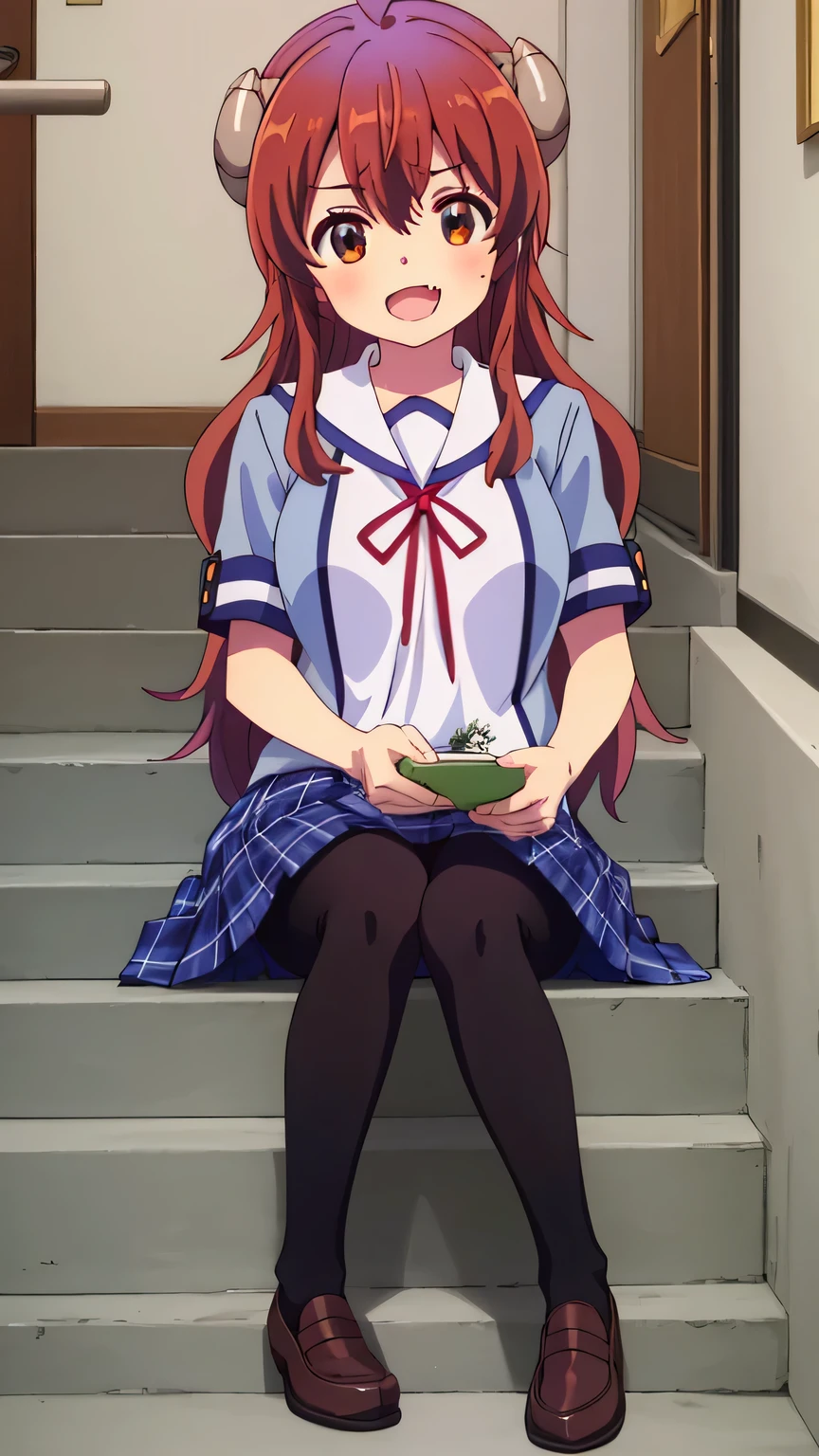 {{{masterpiece}}}, (best quality:1.5), (ultra-detailed:1.5), {illustration}, {{an extremely delicate and beautiful}}, (beautiful detailed eyes:1.6), absurdres, highres, extremely detailed face, 16k, hd, visual anime de uma jovem mulher, extremamente bonito rosto de anime, anime melhor garota, (perfect hands, perfect anatomy), anime face, yoshida yuuko(Machikado Mazoku), yoshida_yuko_thedemongirlnextdoor, yuuko yoshida, 1girl, solo, cute face, ager, long hair, hair between eyes, bangs, brown hair, ahoge, sidelocks, horns, (brown eyes:1.3), fang, demon tail, large breasts, big hips, curvaceous, BREAK, {school uniform}, blue shirt, shirt tuck out, short sleeves, blue sleeves, white sailor collar, red ribbon tie, short skirt, (plaid skirt:1.2), blue skirt, (black pantyhose:1.2), brown loafers, BREAK, ( Sit on the stairs:1.2), face focus, open mouth, Looks happy, upturned eyes, flushed cheeks, looking at viewer, covering chest by one hand, knees together feet apart, sit