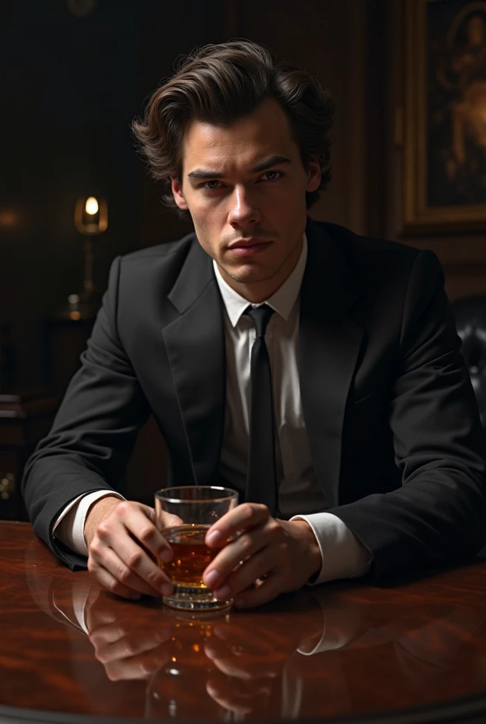 Sebastian stan wearing a black suit, his hair slicked back, holding a glass of whiskey