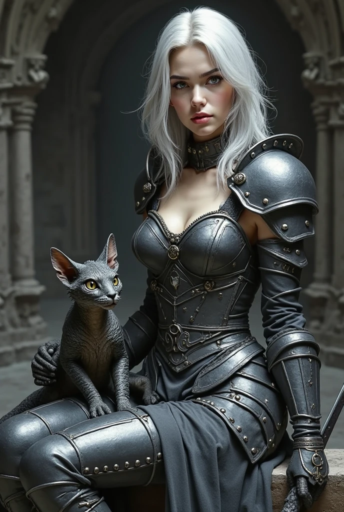 a cat girl with beautiful detailed eyes and long eyelashes, wearing a furry woman's outfit, holding a knight woman's sword and wearing armor. She is surrounded by adorable kittens. The scene has a dark, fantasy art style with vibrant colors and a touch of magic. The lighting is dramatic, with a spotlight illuminating the cat girl and the kittens, creating a sense of mystery and allure. The image is of the highest quality, with ultra-detailed textures and a photorealistic rendering. It feels like a masterpiece, with every small detail beautifully portrayed,