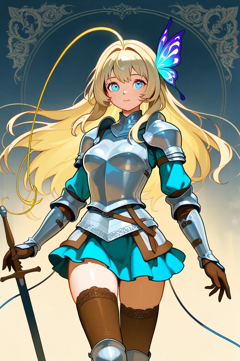 (masterpiece, best quality), 1girl,   <lora:JeanneKaguyadArc:0.8> JeanneKaguyadArc, 1girl, solo, long hair, blue eyes, blonde hair, braid, single thighhigh, white thighhigh, black gloves, dress, cleavage, bare shoulders, medium breasts, hair ribbon, cleavage cutout, armor,