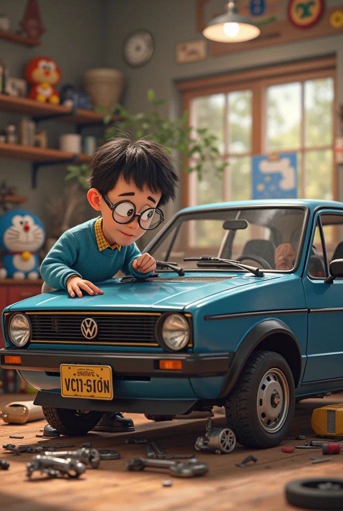 Baby listening to ASMR with headphones on a toy car