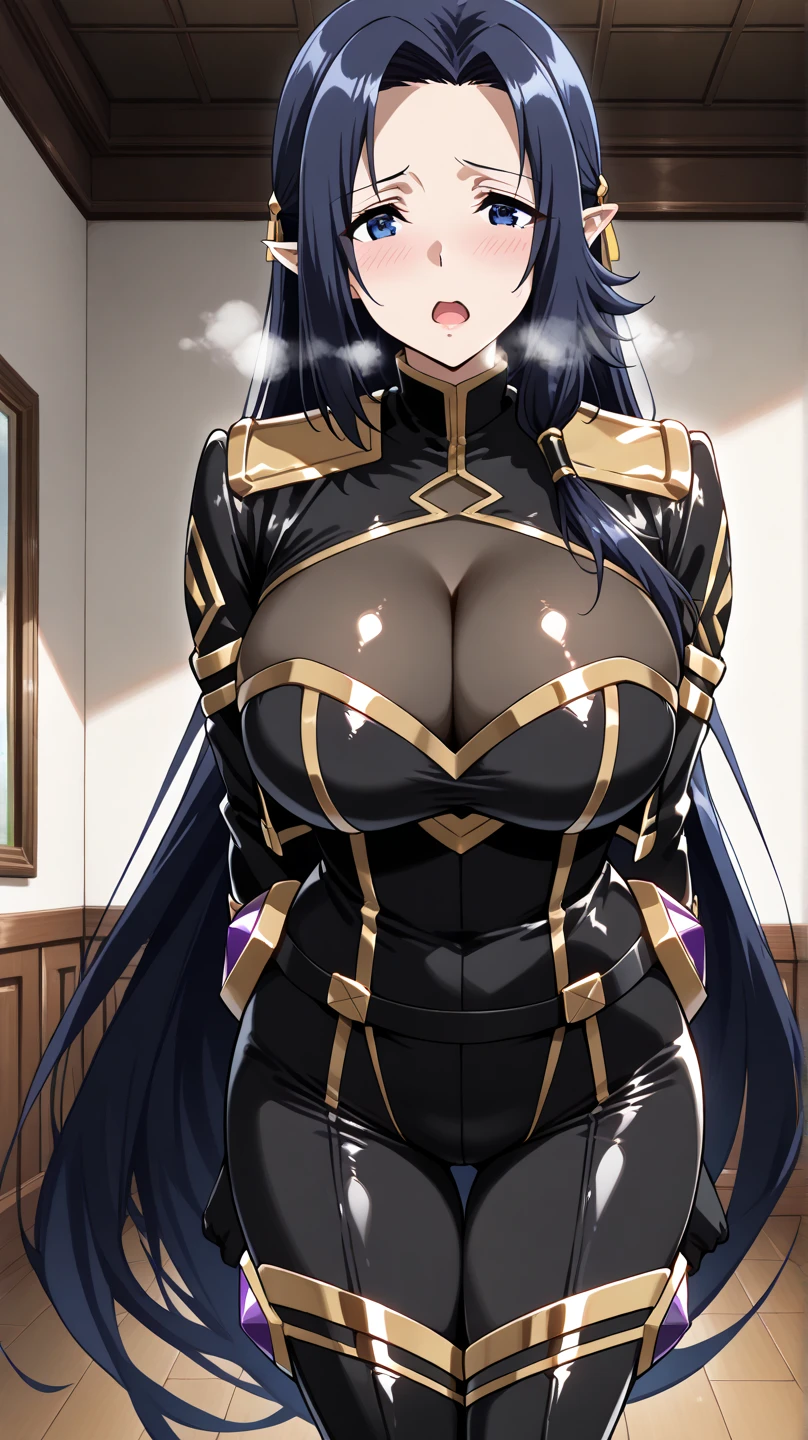 professional artwork, Intricate Details, field of view, sharp focus, detailed painting, photorealistic lighting, trending on pixiv, Standing at attention, black outfit ,yellow collared shirt,black and red bodysuit,skin_tight,black legwear, black pantyhose, Side_boob, black hair,very long hair, Bangs,yellow eyes,makeup, lipstick, 20yo,mature female,Beautiful Finger,Beautiful long legs,Beautiful body,Beautiful Nose,Beautiful character design, perfect eyes, perfect face, looking at viewer, NSFW,official art,extremely detailed CG unity 8k wallpaper, perfect lighting,Colorful, Bright_Front_face_Lighting, (masterpiece:1.0),(best_quality:1.0), ultra high res,ultra-detailed, hyperdetailed, photography, 8K, HDR, highres, absurdres:1.2, Kodak portra 400, film grain, blurry background, bokeh:1.2, lens flare, (vibrant_color:1.2) (Beautiful,large_Breasts:1.4), (beautiful_face:1.5),(narrow_waist), (solo:1.4), ((half body shot:1.4)), annerose:1, classroom