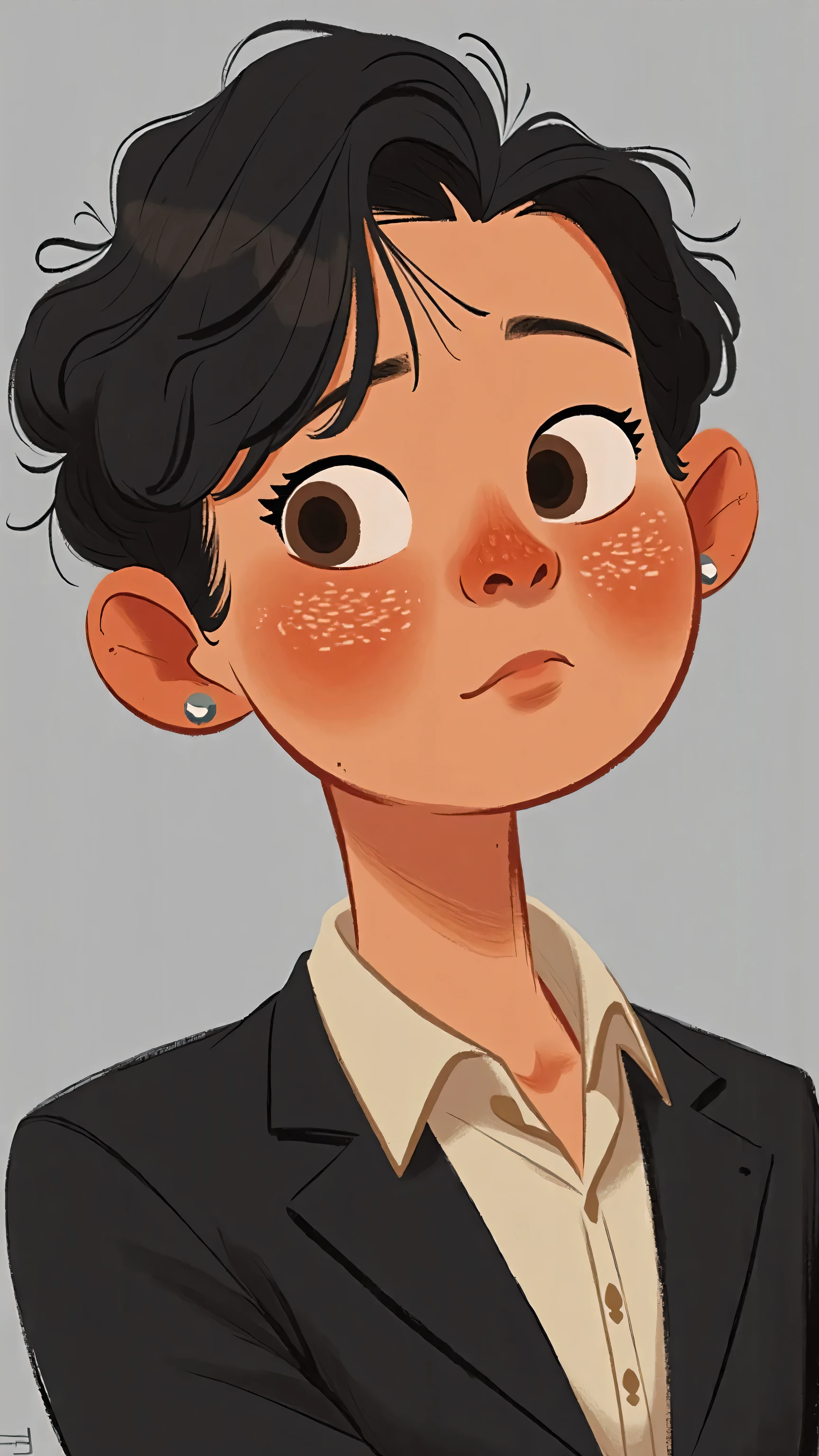 close-up，Portrait，A handsome、Trendy 、Handsome men，short black hair，brown-colored eyes，Mature woman about 30 years old in a black suit and white shirt ；Background gray； illustration style 