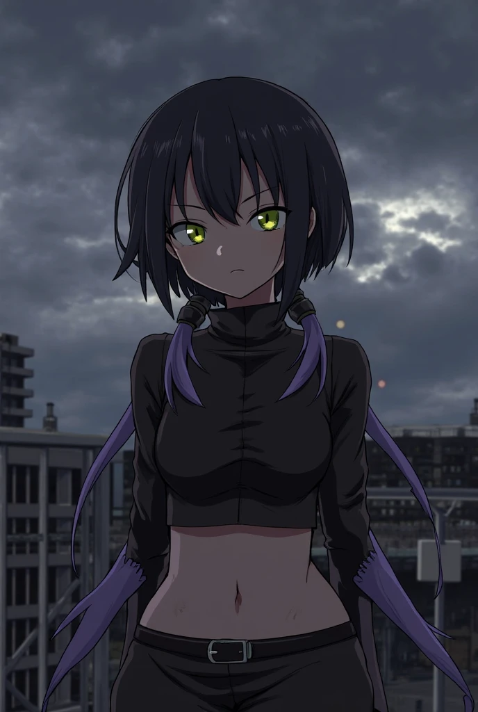 masterpiece, best quality, <lora:ushigozen-nvwls-v1-000010:0.9> ushigozen, black bodysuit, neon trim, glowing, furrowed brow, angry, looking at viewer, fist, dynamic pose, profile, grey sky, rain