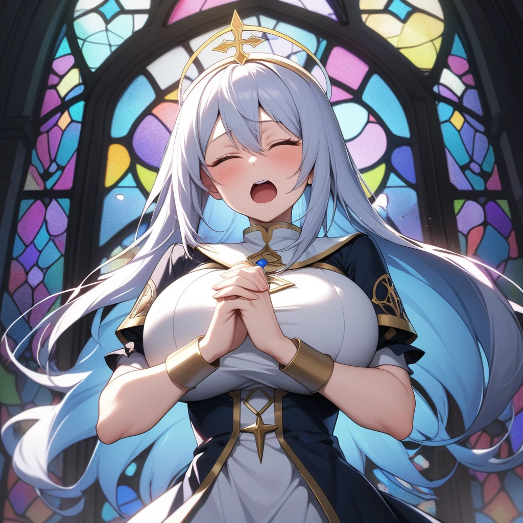 masterpiece, best quality, very aesthetic, absurdres, 1girl, mature_lady,nun_clothes,black_and_white_clothes, nun_headcovering crucifix, praying, interlocked fingers,closed_eyes,tears_in_eyes, head down,holy_light ,bathed in divine light,,aqua_(konosuba), kono_subarashii_sekai_ni_shukufuku_wo!, 1girl, long_hair,blue_hair,  single_hair_ring, bun,hair_ornament,blue_eyes,,in a city floating in sky,glowing stardust frontground,fantasy,sparkling,fireflies,