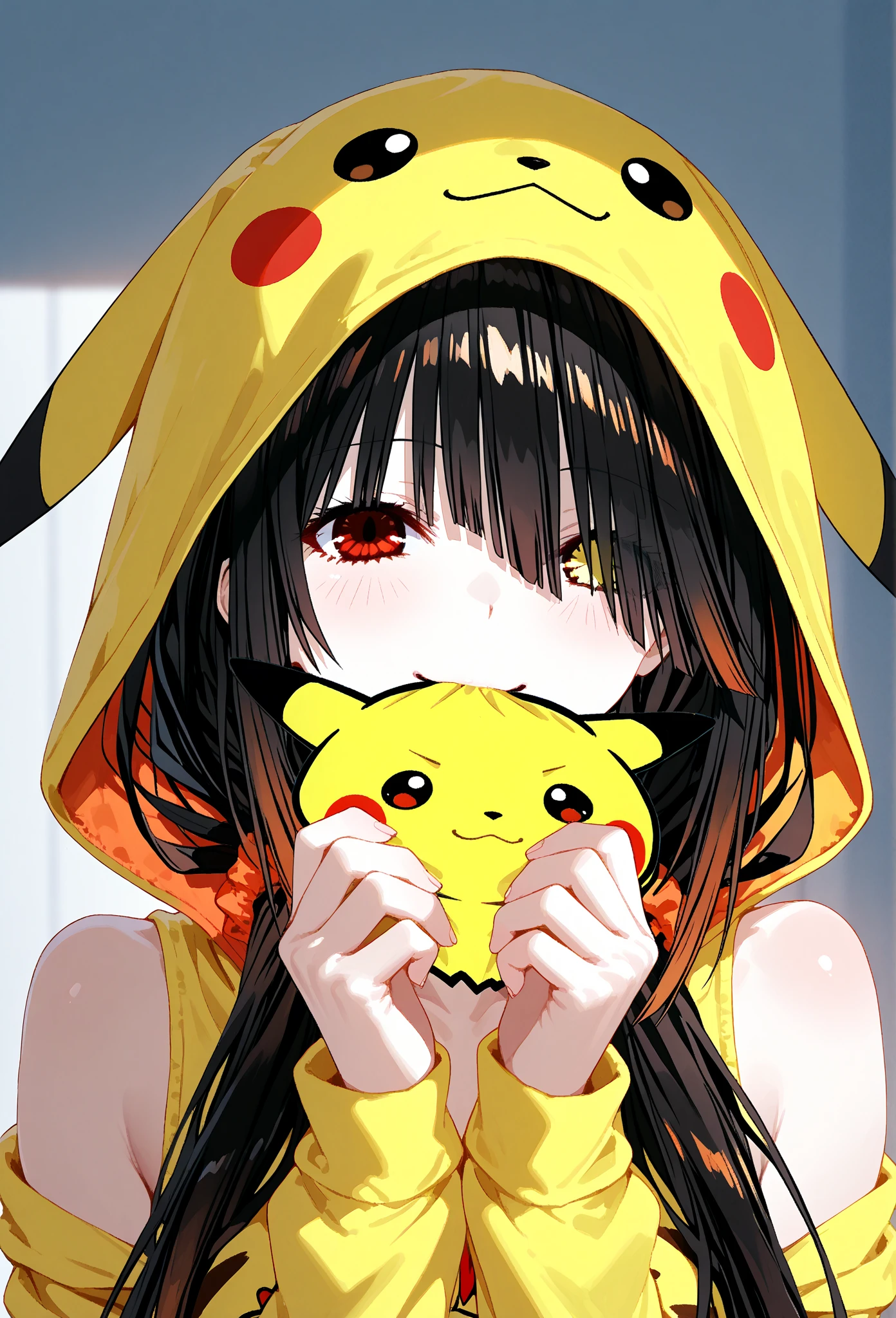 Alone, a girl (wearing Pikachu kigurumi: 1.4), (open lace: 1.2), (Pikachu kigurumi, black and yellow: 1.4), holding a pokeball, Detailed Anime Background, Background pokemon gym, break (Black hair, hair messy with highlights, yellowish locks, hair color: 1.4), (beautiful and detailed red eyes: 1.3), red lips, (smile: 1.2), snake-like lower part, (shiny skin: 1.2), skin with organic anatomical shape , correct texture, Cinematic lighting, vivid colors, contour shading, motion lines, ray tracing, intricate details, masterpiece, High definition, 8K, best image quality, high resolution, 4K, HDR, ultra detailed, Depth field.