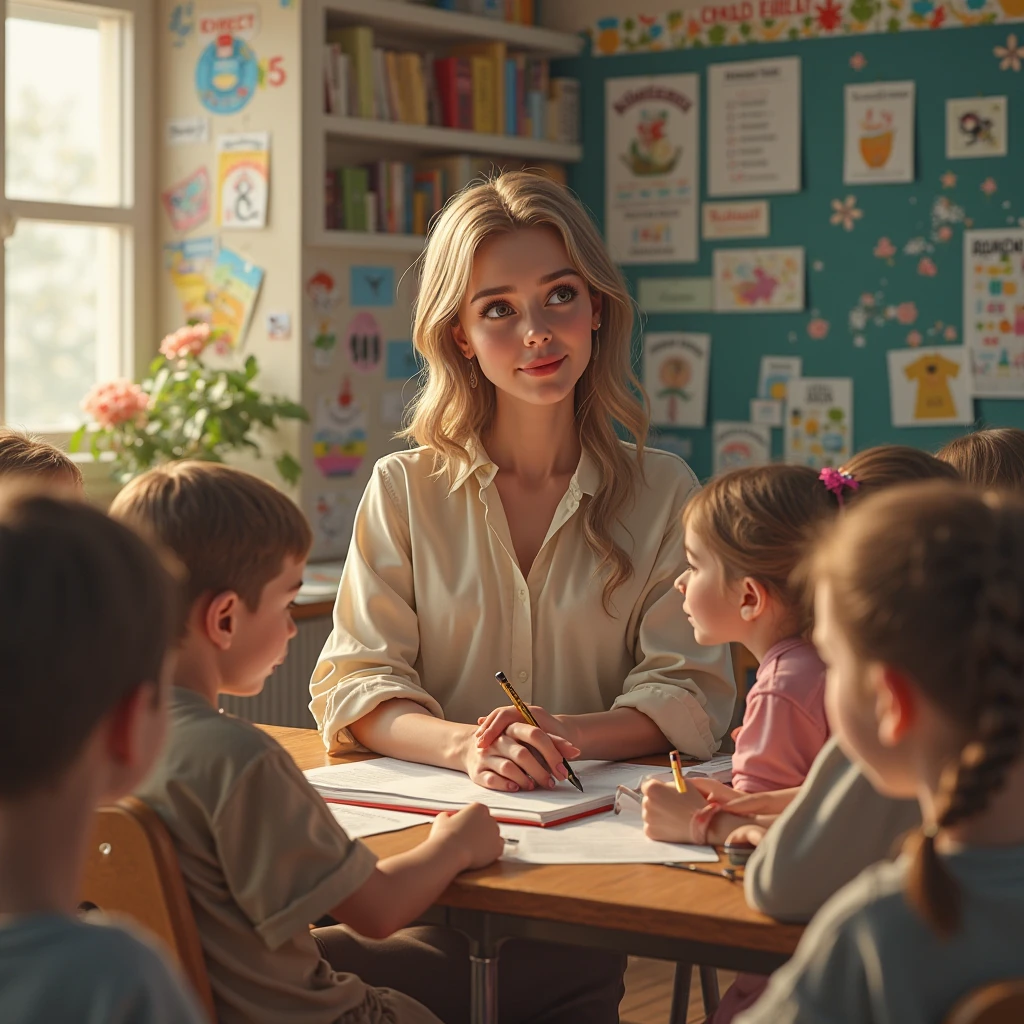 In this enchanting vintage painting, a stunning young woman stands at the forefront of a rustic schoolhouse, where she teaches a group of eager children. Dressed in a lovely floral shirt, she radiates charm and beauty. Her gentle gestures and warm smile make the atmosphere inviting as she stands before the class, explaining the lessons with kindness and dedication. The soft lighting highlights her delicate features and sculpted form, creating an ambiance that is both warm and educational