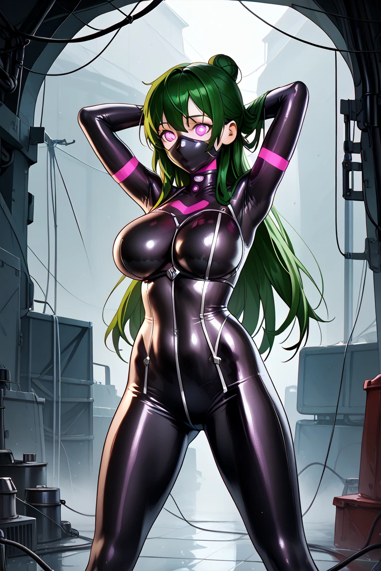 1girl,solo,super detailed skin,shiny skin,wet skin,natural face,eyelashes,green hair,double bun,blunt bangs,sidelocks,,large breasts,bodysuit,full-length zipper,open zippers,latex,ninja clothes,Shinobi costume,model pose,standing,night palace,masterpiece,best quality,ultra detailed,high resolution,sharp focus,depth of field