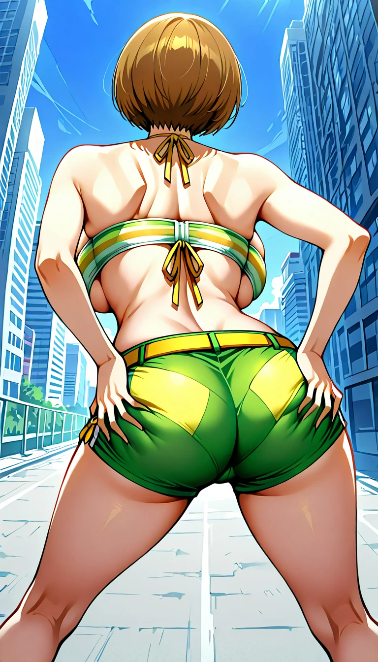 masterpiece, best quality, (1 girl), (solo), nice hips, medium breasts, slutty grin, young girl, wide hips, street, detailed eyes, elegant girl, blonde, elegant hair, open mouth, wearing a slutty bodycon, bent over, (pussy), anus, view from behind, presenting ass,