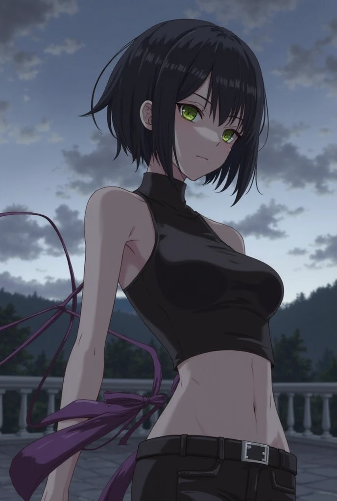 1 girl, solo, spiky hair bun, purple hair, hair tied up, purple eyes, glowing eyes, revealing dark purple clothing, large breast, small smile, forest background, dense forest background, dark purple pants, moonlight illuminating, moonlight, yuzuriha clothing, revealing outfit, cleavage, sleeveless, v-neck down to abdomen, she wore the standard attire for a kunoichi, which was a sleeveless dark purple garment, a white obi wrapped around her waist, and dark purple pants that had openings around her thighs, Her blouse was noticeably kept slightly opened, showing off most of her cleavage.