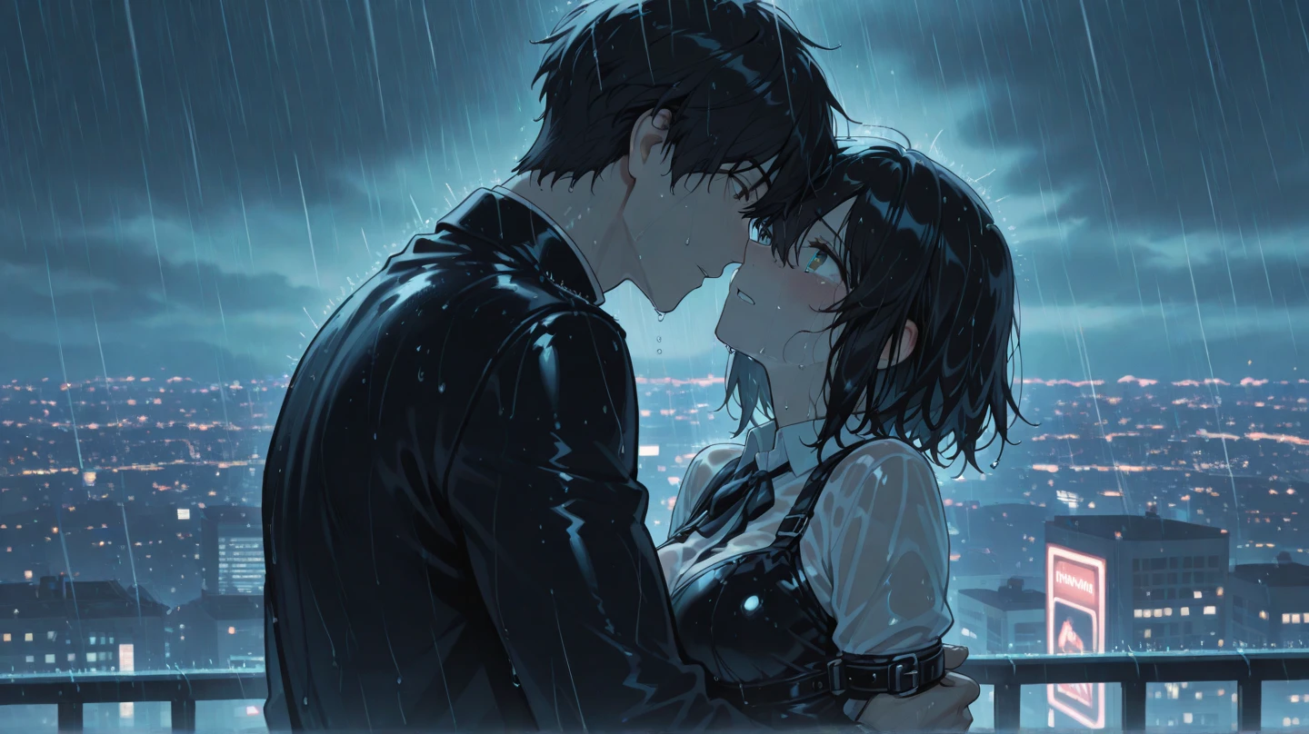 Black-haired girl with a black-haired boy in the rain
