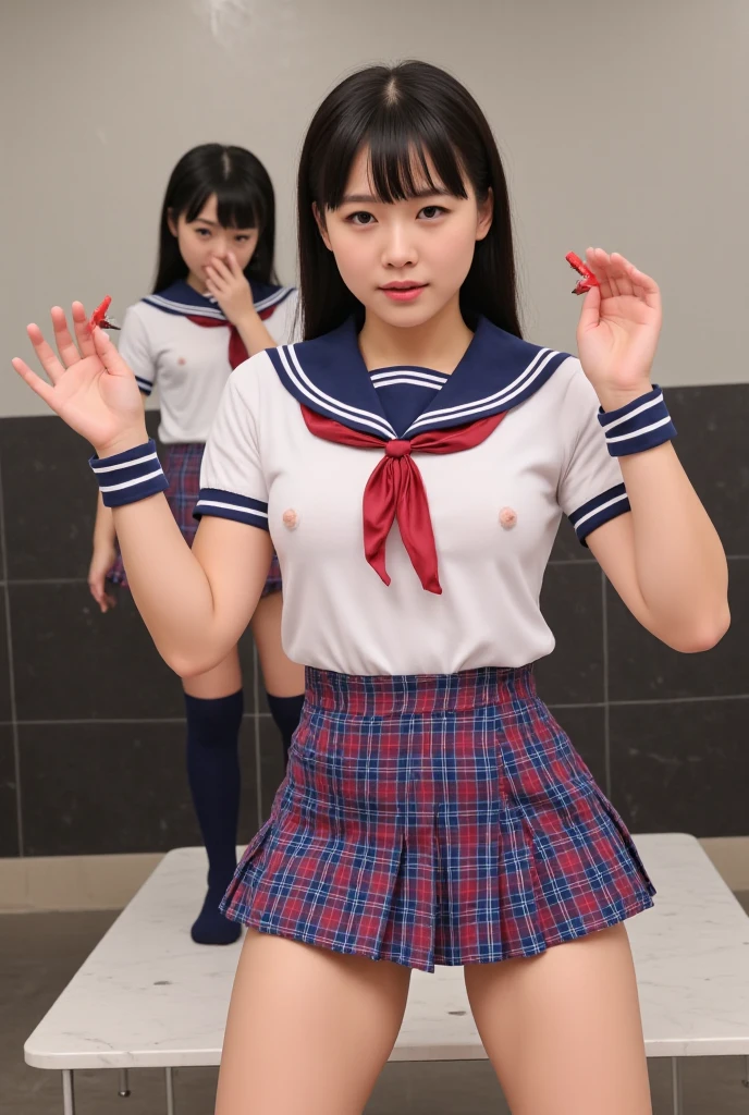 Japanese junior high school girls、、In front of a white wall、Stand upright、Hands behind your back、Smile、麻縄Bondage、((Binding:1.5))、((Bondage:1.4))、(Detention and deprivation of liberty:1.5)、Anatomically correct、Front Angle、No underwear、No bra